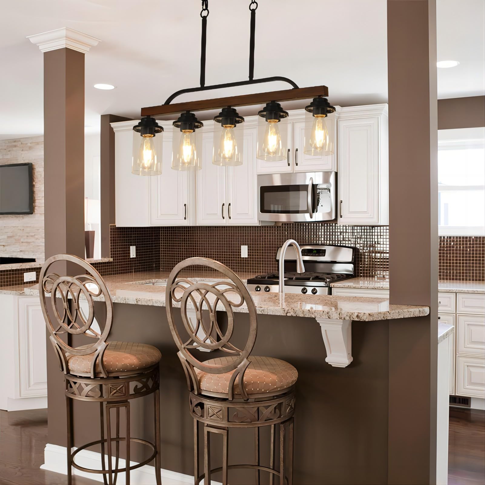 SEEBLEN 5-Light Farmhouse Chandelier - Black Metal Adjustable Kitchen Island Lighting with Clear Glass Shade - Rustic Industrial Dining Room Ceiling Fixture for Kitchen, Restaurant, Cafe and Home Decor