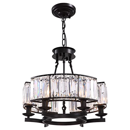 7PMBEANE 6-Light Round Crystal Chandelier with Adjustable Chain - Modern Black Pendant Ceiling Light for Dining Room, Living Room, Bedroom | Elegant Lighting for Home Decor, Wedding Venues & Restaurants