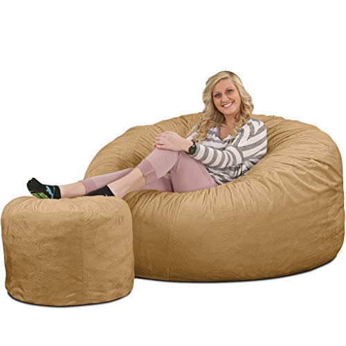 ULTIMATE SACK 5ft Oversized Bean Bag Chair & Footstool for Adults - Premium Camel Suede Lounge Furniture for Living Room, Bedroom, Dorm & Game Room