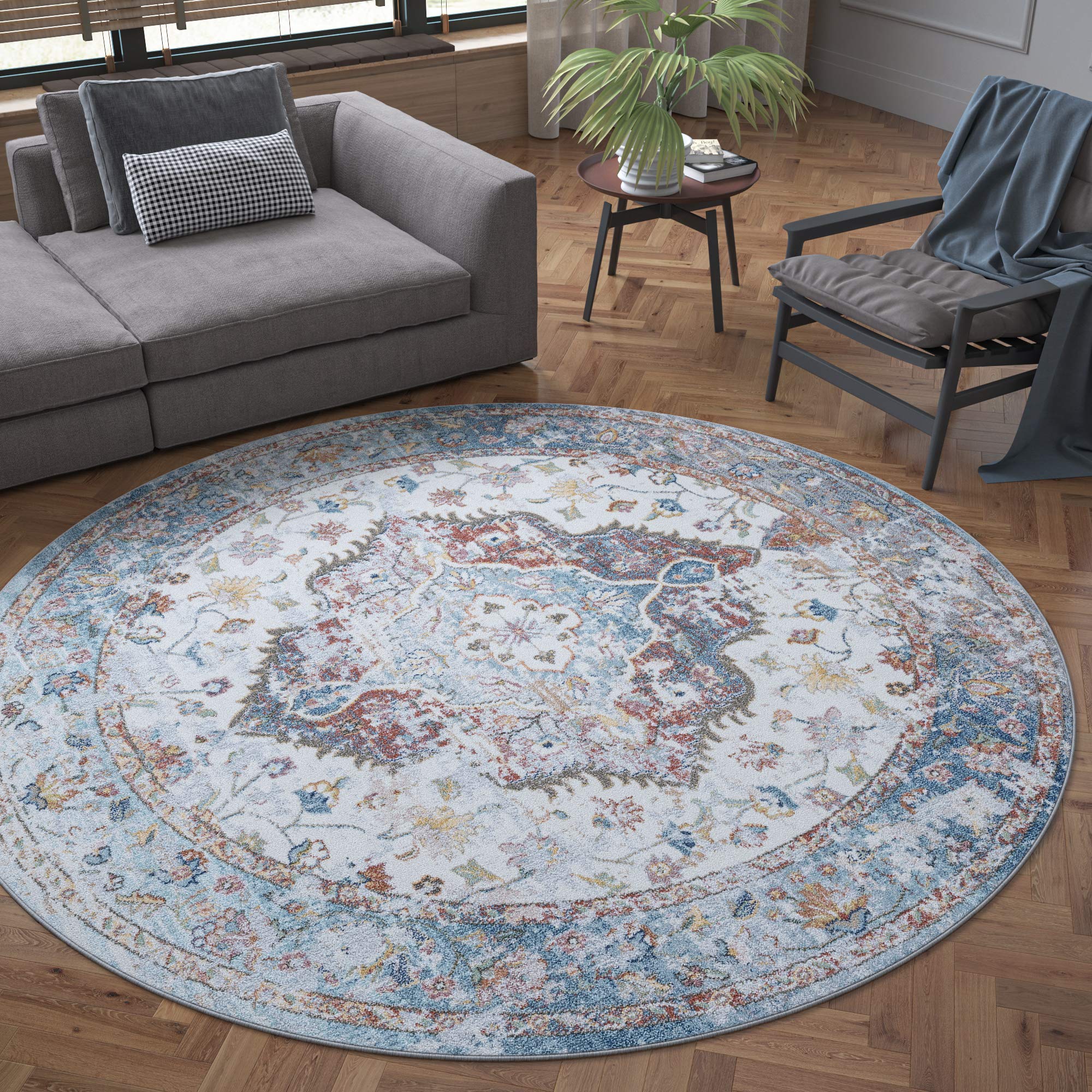 Tayse Norah Gray 8 Foot Round Area Rug - Traditional Oriental Design for Living Room, Bedroom & Dining Room - Soft & Durable Home Decor for Cozy Spaces
