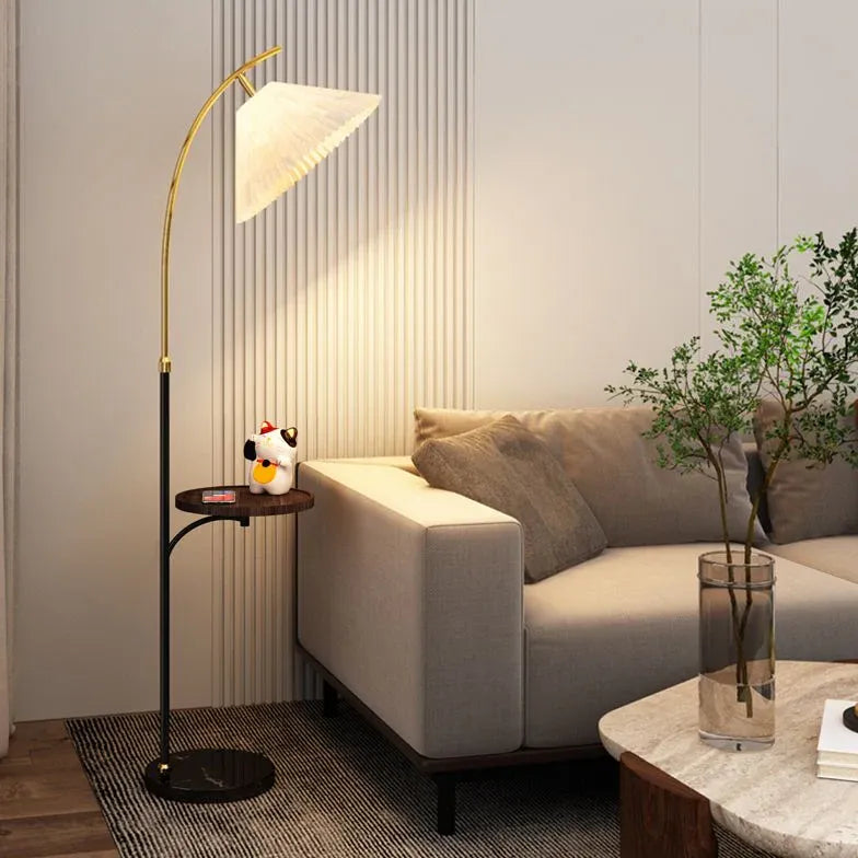 Modern Arched Floor Lamp with Small Table - Adjustable Standing Light for Living Room, Bedroom & Office - Dimmable LED Reading Light with Side Table & USB Charging Port