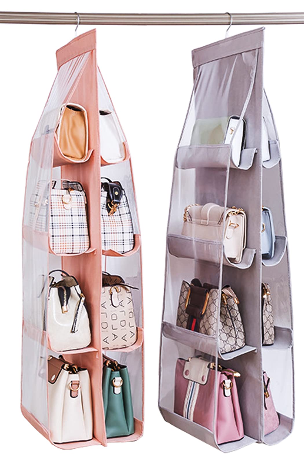 MURRI&MURRDI 2-Pack Clear PVC Handbag Organizer for Closet - 8 Pockets Purse Storage Holder & Hanger, Space-Saving Wardrobe Organizer (Gray + Pink) - Perfect for Bedroom, Walk-in Closet, and Dorm Organization