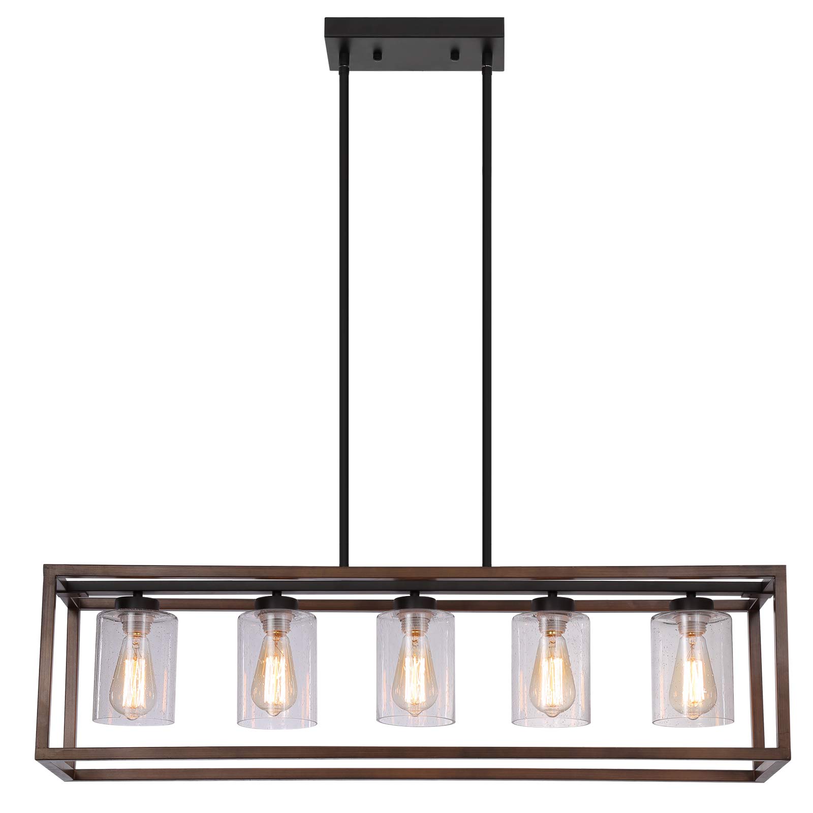 Q&S Rectangle Farmhouse Chandelier - 5-Light Bronze & ORB Vintage Pendant Light with Bubble Glass Shade, 38.6