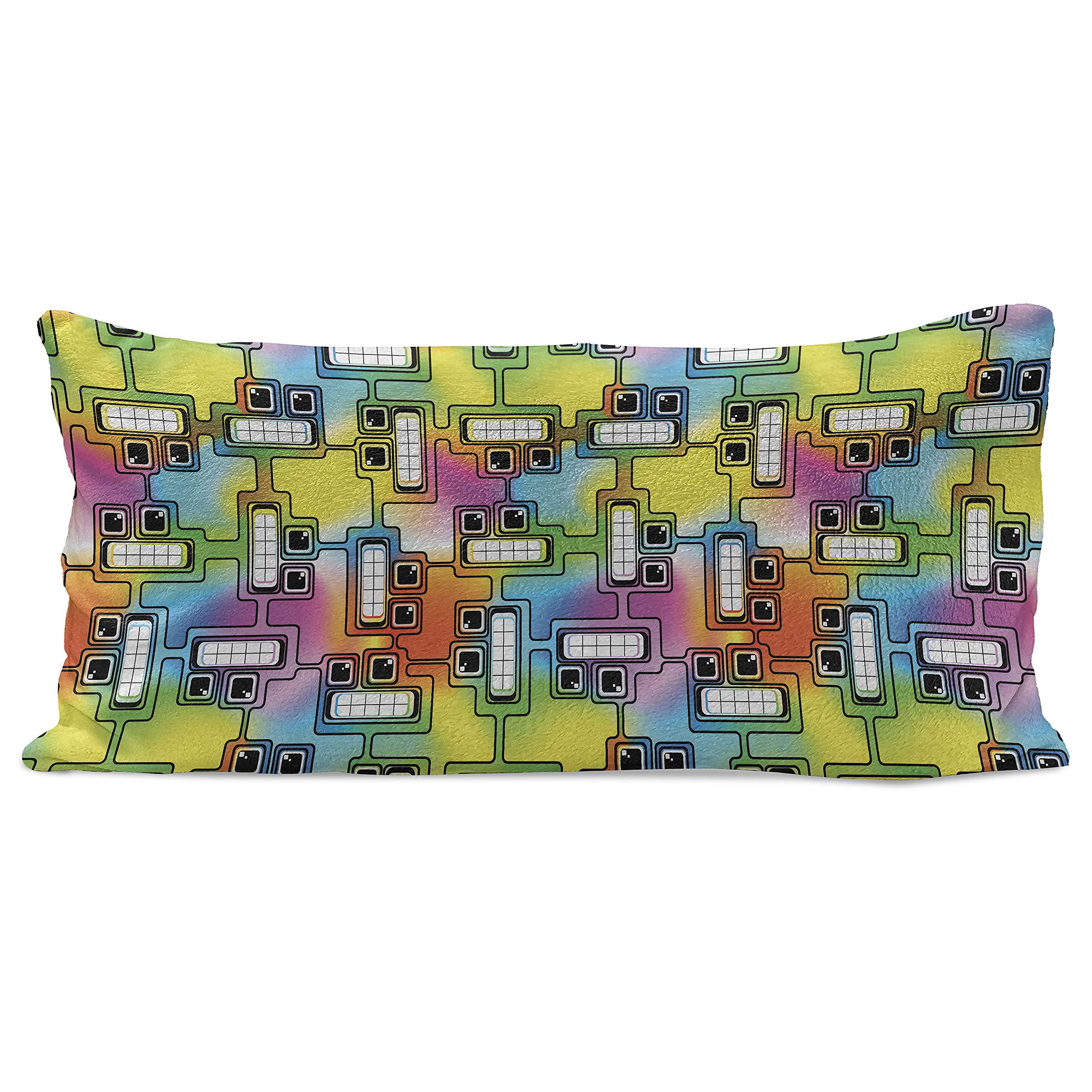 Ambesonne Colorful Fluffy Throw Pillow Cover - Hippie Digital Fun Characters with Eyes & Teeth Video Game Art - 36x16 Inch Rectangle Accent Cushion Case - Multicolor for Living Room, Bedroom Decor & Gaming Room Accessories