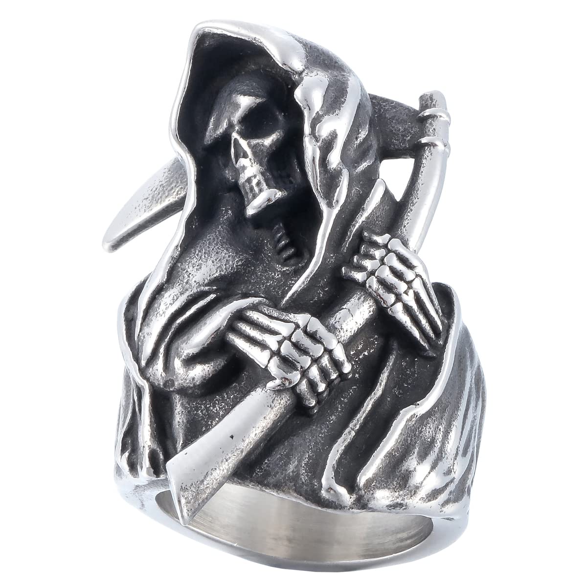 Men's Stainless Steel Death Skull Ring - Gothic Biker Jewelry for Men, Punk Style Skull Head Band Ring - Perfect Gift for Halloween, Motorcycle Enthusiasts & Rock Music Fans
