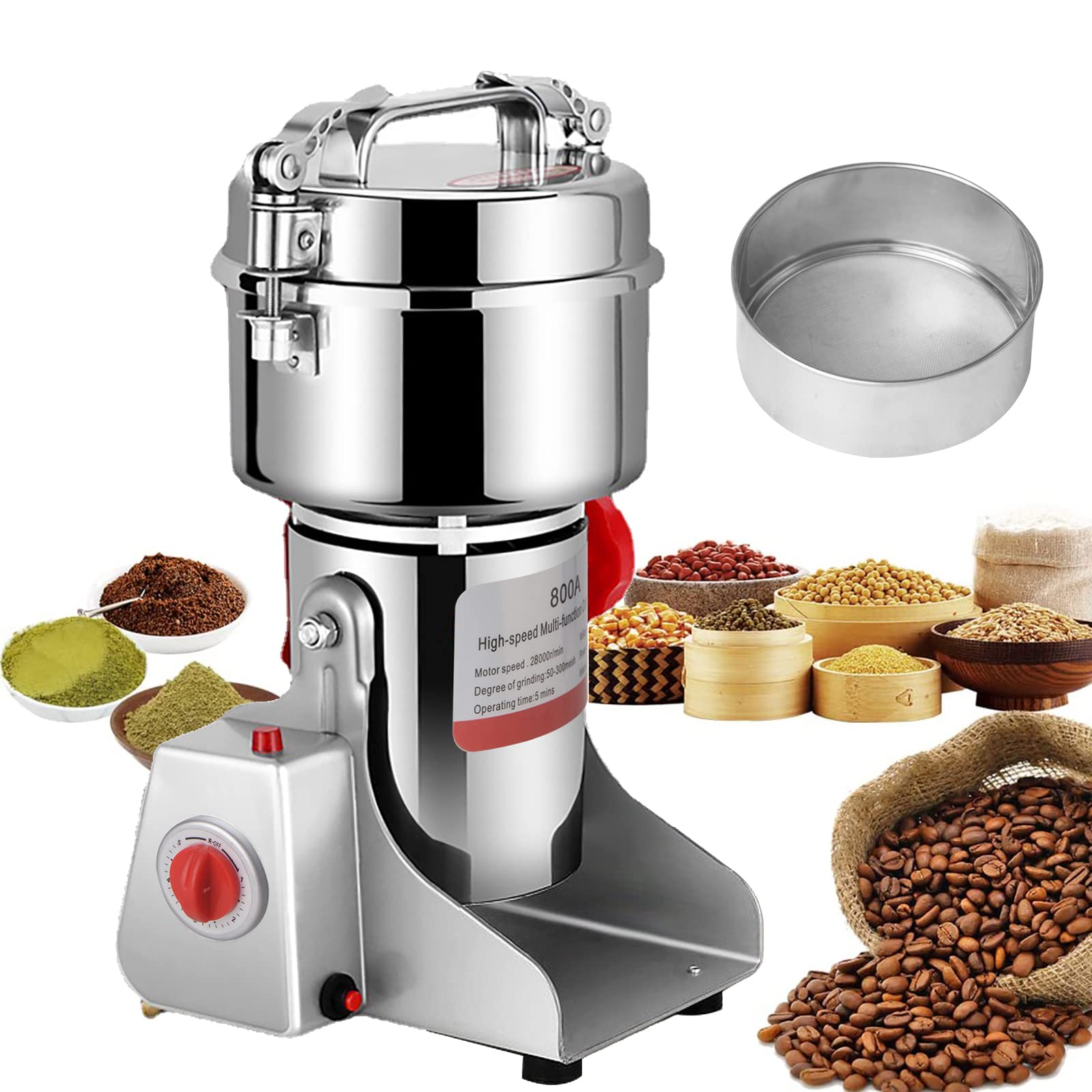 Stainless Steel Electric Grain Mill Coffee Grinder - 800g 3200W for Spices, Herbs, Coffee & Cereals - Perfect for Home Kitchens & Coffee Shops