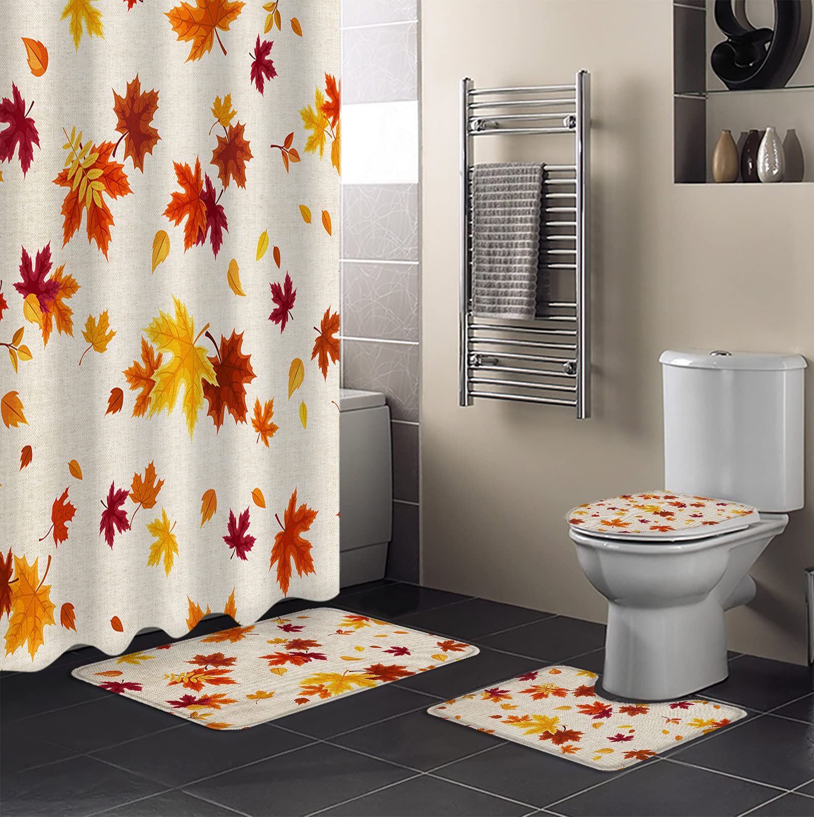 4PCS Fall Harvest Thanksgiving Shower Curtain Set - Autumn Leaf Bathroom Decor with 72x72in Curtain, Bath Mat & Toilet Cover | Seasonal Home Decor for Thanksgiving & Cozy Bathroom Makeover