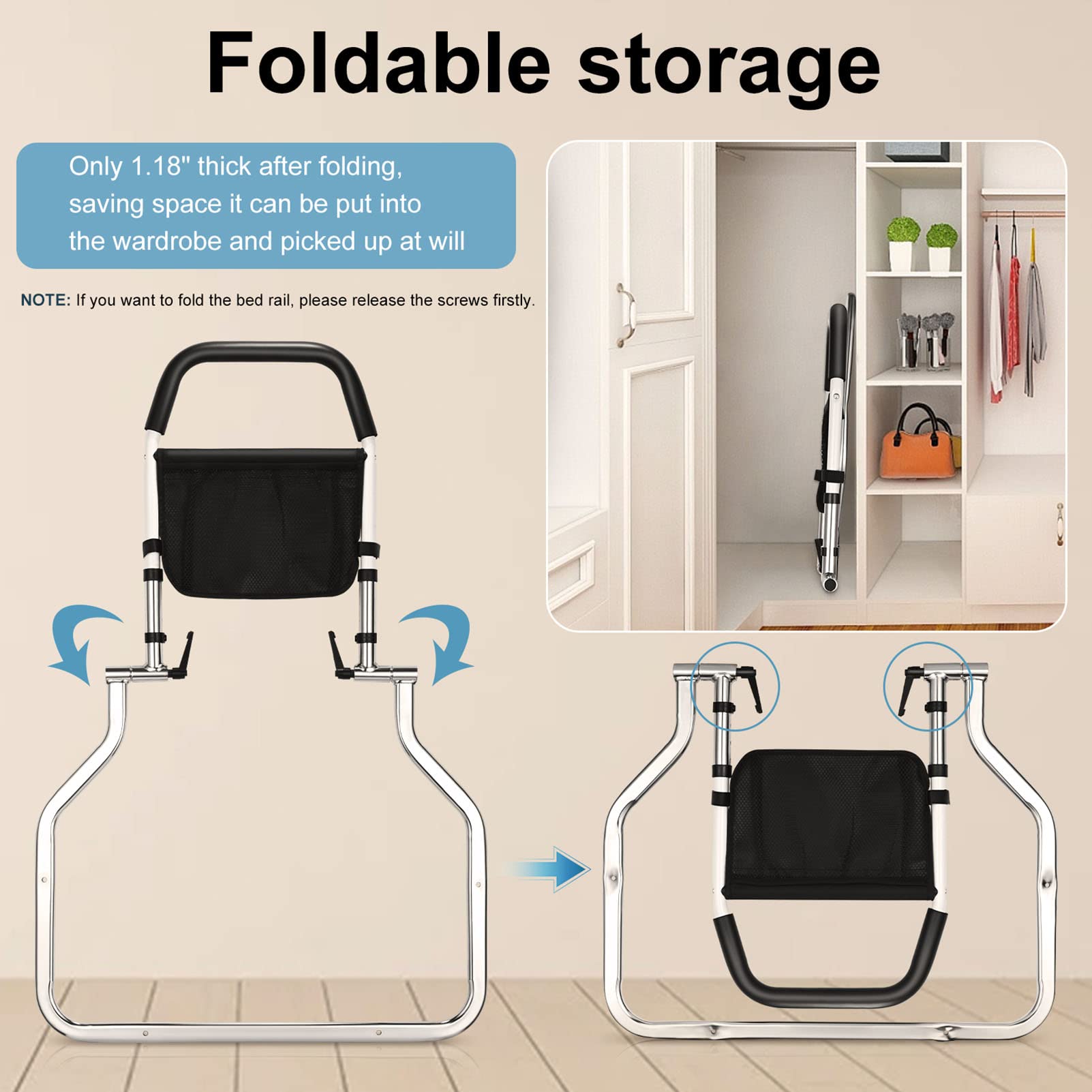 Elderly Bedside Guardrail - Adjustable Bed Safety Rail for Seniors & Adults with Storage Pocket - Bed Assist Grab Bar Handle for Fall Prevention - Perfect for Home Care, Hospitals & Assisted Living Facilities