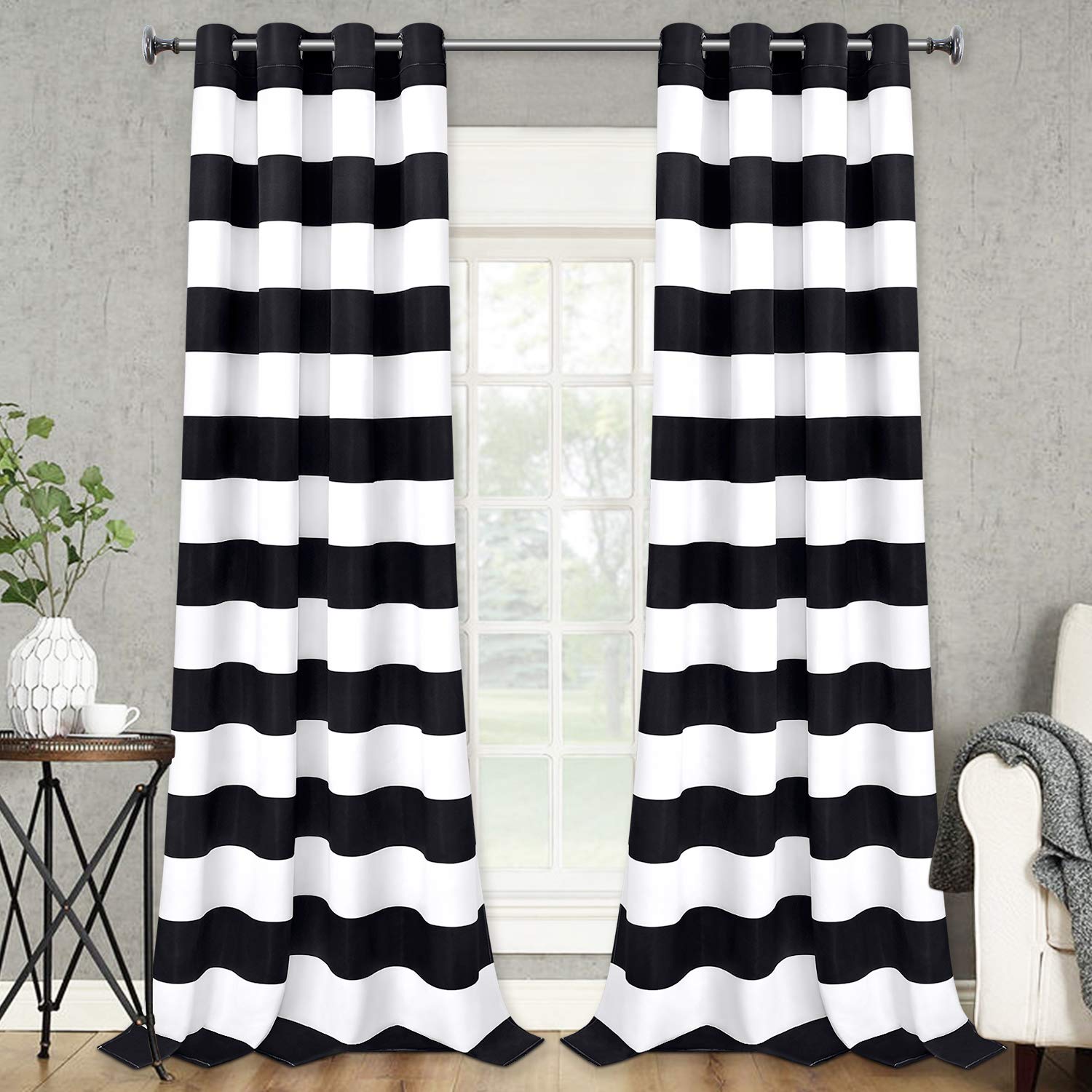 Black Striped Grommet Curtains 52x84 Inch - Set of 2 Panels for Bedroom & Living Room Windows
