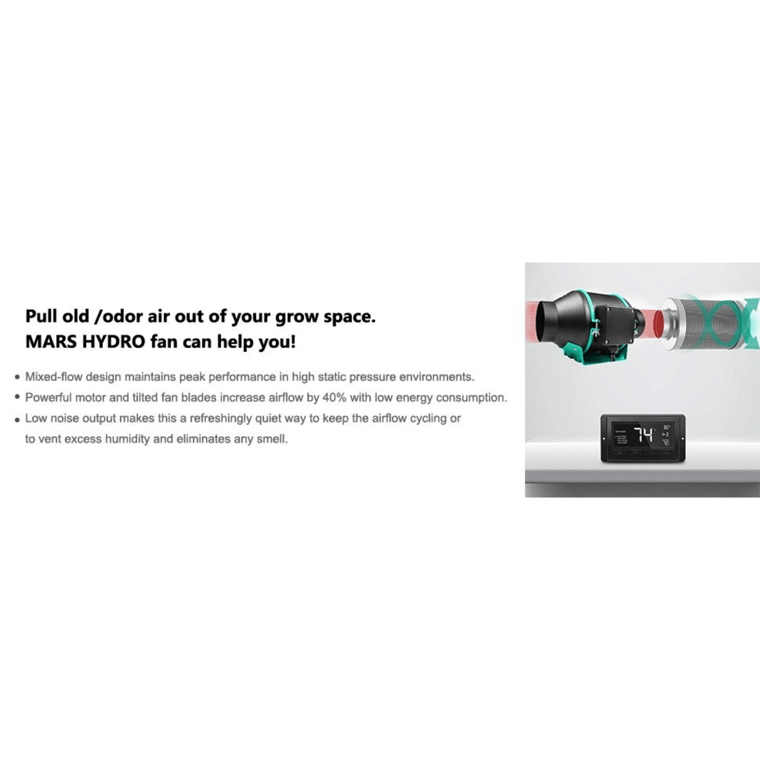 Mars Hydro 4 Inch Inline Duct Fan & Carbon Filter Combo Kit with Digital Temperature Humidity Controller - for Indoor Grow Tents, Hydroponics, Ventilation & Air Purification