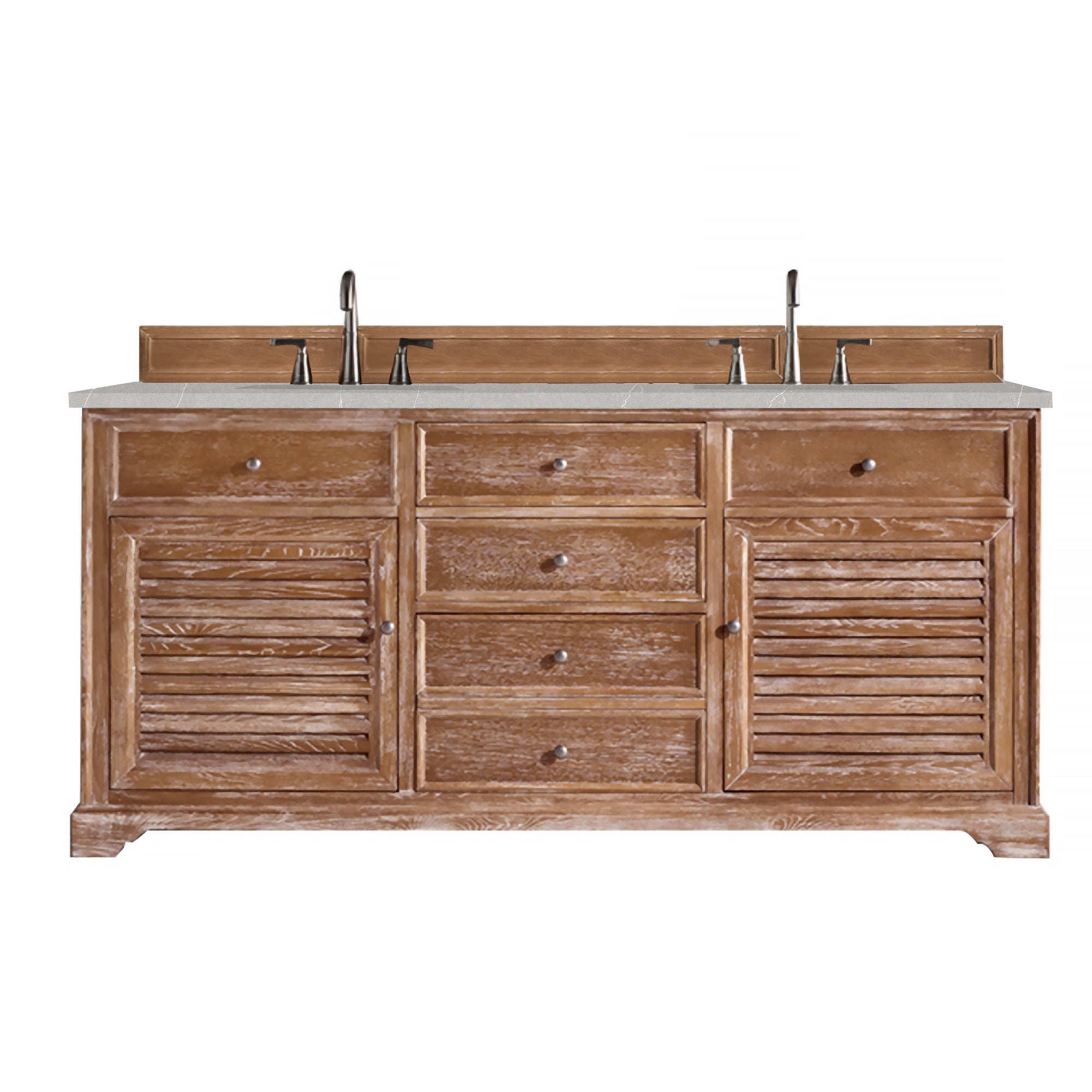 Savannah 72 Inch Double Vanity Cabinet in Driftwood Finish with 3CM Eternal Serena Quartz Countertop - Perfect for Master Bathroom Renovation & Modern Home Decor