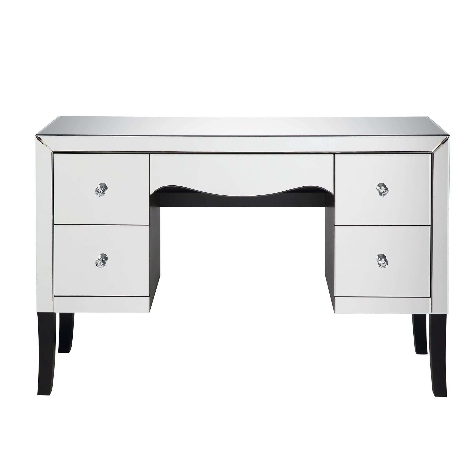 Benjara Silver Wooden Framed Vanity Desk with Mirror, 4 Drawers & Wavy Apron - Elegant Dressing Table for Bedroom, Bathroom or Boudoir Makeup Station