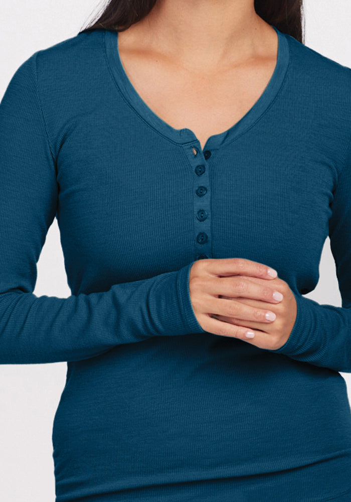Reese Ribbed Henley T-Shirt for Men - Soft Cotton Teal Blue Top - Casual Wear & Layering Essential