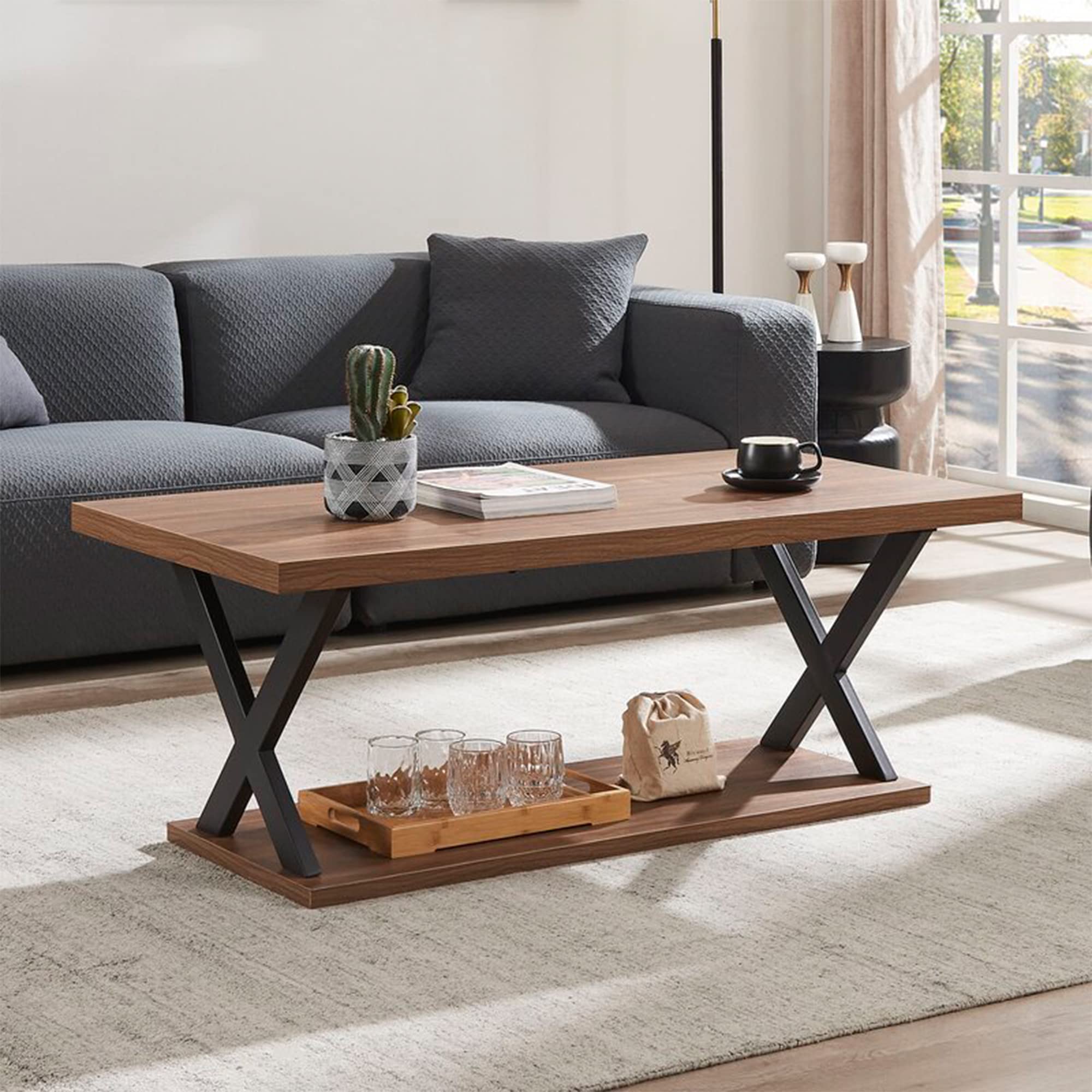 Vanity Art Modern 2-Tier Industrial Coffee Table with Storage Shelf - X-Frame Rectangle Design for Living Room, Home Office - Brown (MLT4088CT-BR-BK) | Perfect for Small Spaces, Apartment Decor & Entertaining Guests
