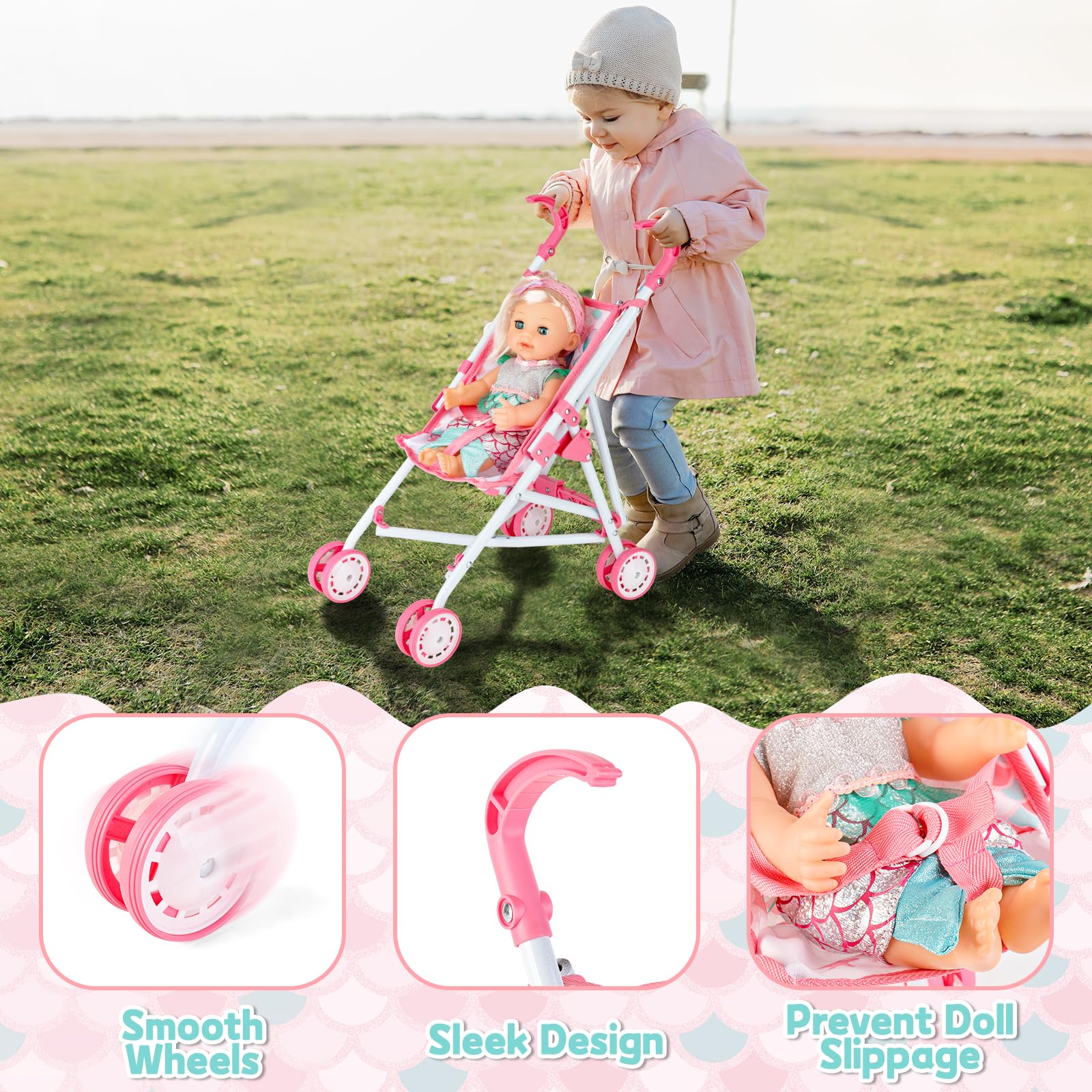 deAO Baby Doll Stroller & Crib Bed Set - Foldable Nursery Play Set with Travel Cot, Play Mat & Carry Bag - Perfect for Role Play, Birthday Gifts for Girls & Boys | Indoor Playtime, Pretend Parenting, Travel Companion