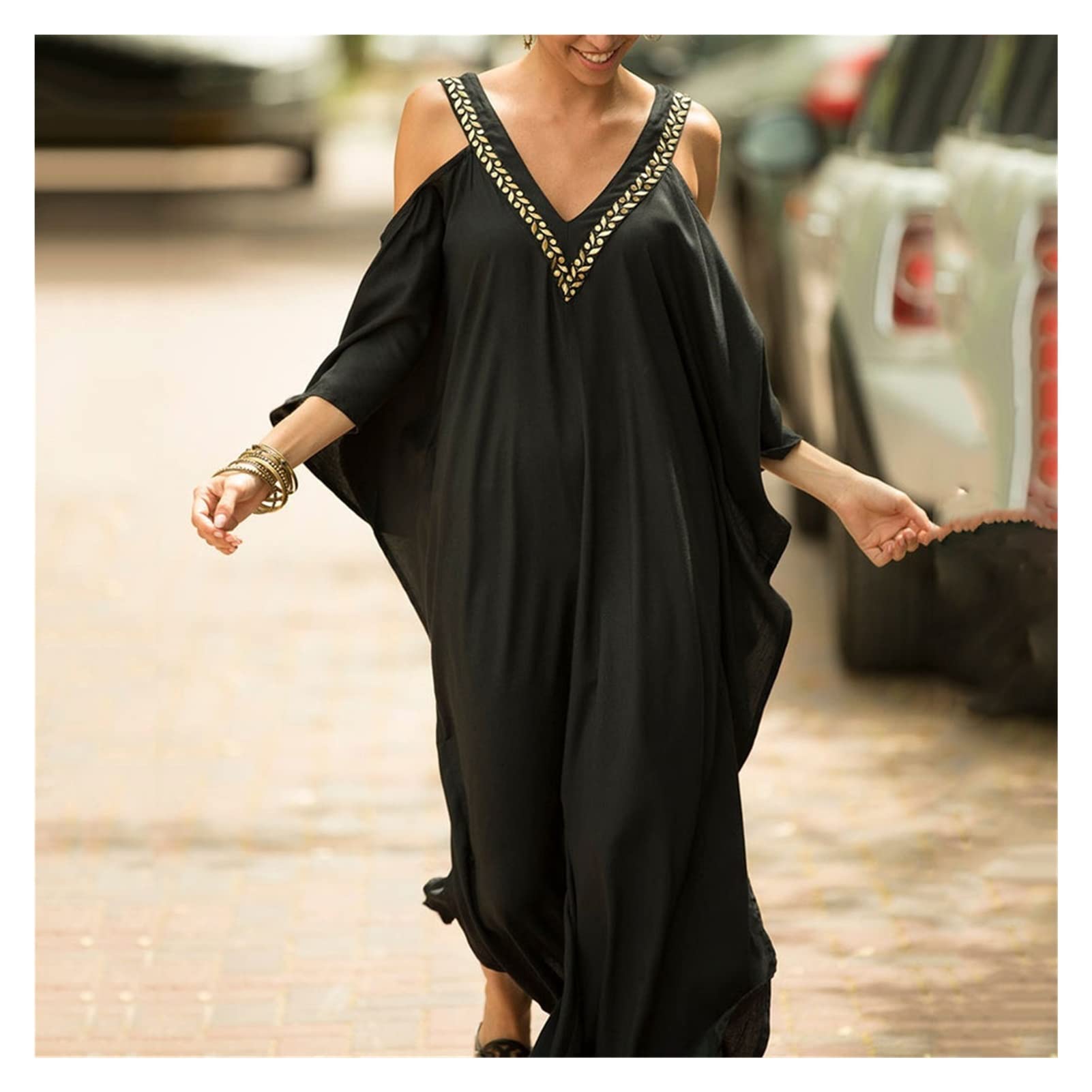Plus Size Cold Shoulder V-Neck Loose Summer Beach Dress for Women - Black One Size | Flowy Vacation Outfit for Poolside, Tropical Getaways & Casual Daywear