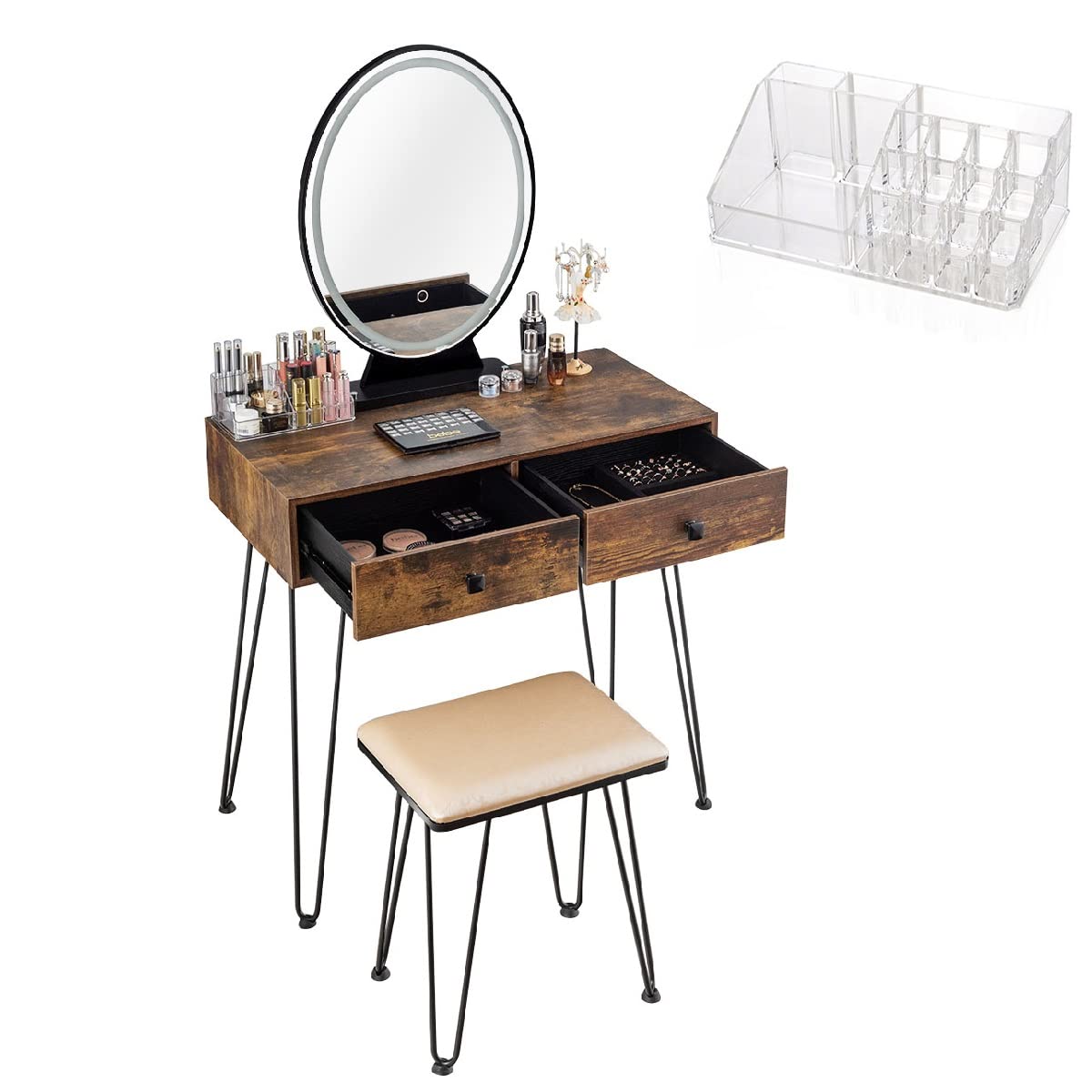 MAT EXPERT Vanity Table Set with Lighted Oval Mirror - Modern Dressing Table with Cushioned Stool & Steel Legs - Makeup Organizer Table with 3-Color Touch Screen Mirror - Vanity Set for Bedroom, Bathroom, or Dressing Room (Brown) - Perfect for Makeup Application, Skincare Routine, and Hair Styling