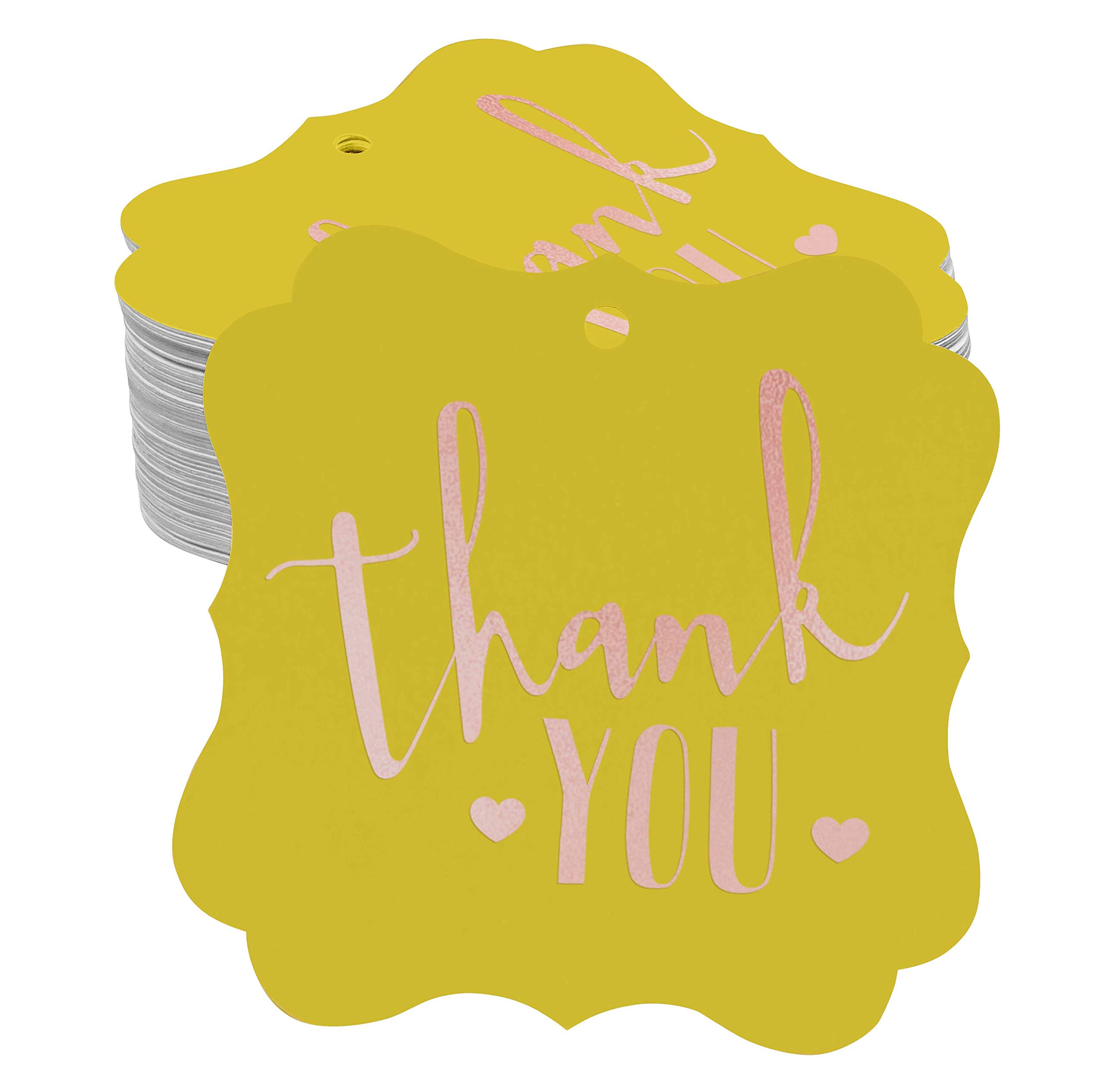 100 Pack Rose Gold Foil Thank You Tags for Bridal Shower, Baby Shower, Wedding, Birthday & Retirement - Elegant Bracket Shape Hang Tags for Party Favors & Gifts
