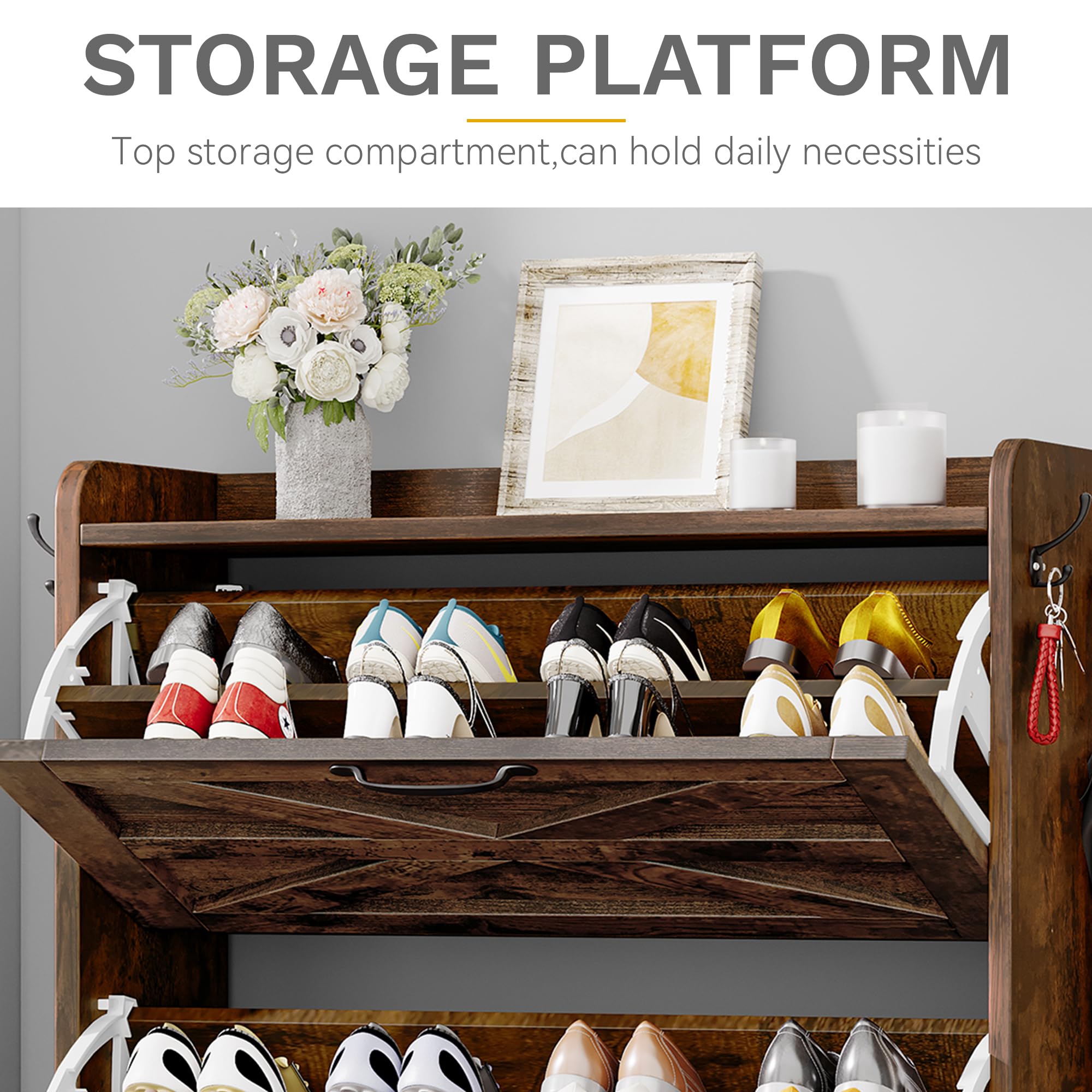 DWVO 3-Tier Flip-Drawer Shoe Cabinet - Holds 24 Pairs, Rustic Brown Farmhouse Entryway Shoe Organizer - Slim Space-Saving Shoe Rack for Living Room, Hallway & Closet - Perfect for Small Apartments & Mudroom Storage