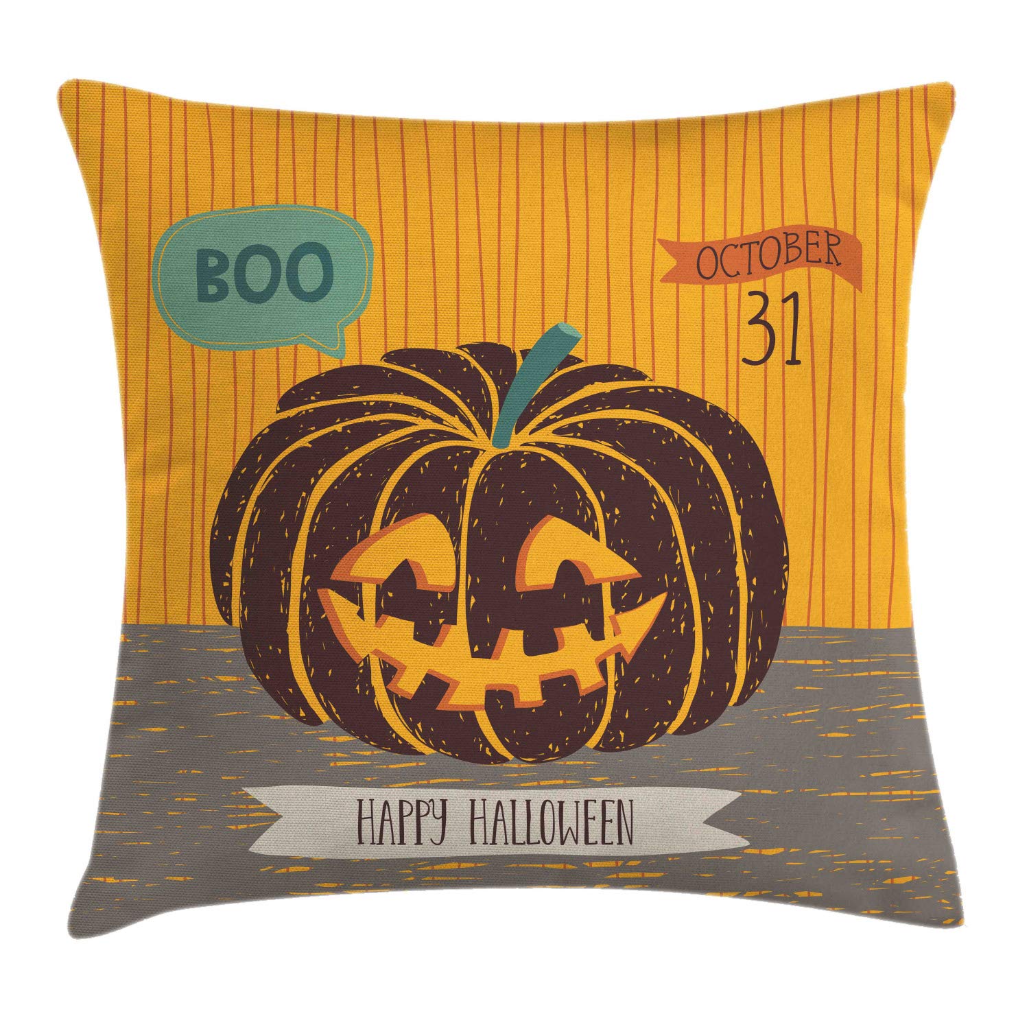 Ambesonne Halloween Throw Pillow Cover 24x24 Inch - Creepy Pumpkin 'Boo' Grunge Design in Orange, Grey & Dark Mauve - Decorative Square Cushion Case for Sofa, Bed, Dorm & Party Decor