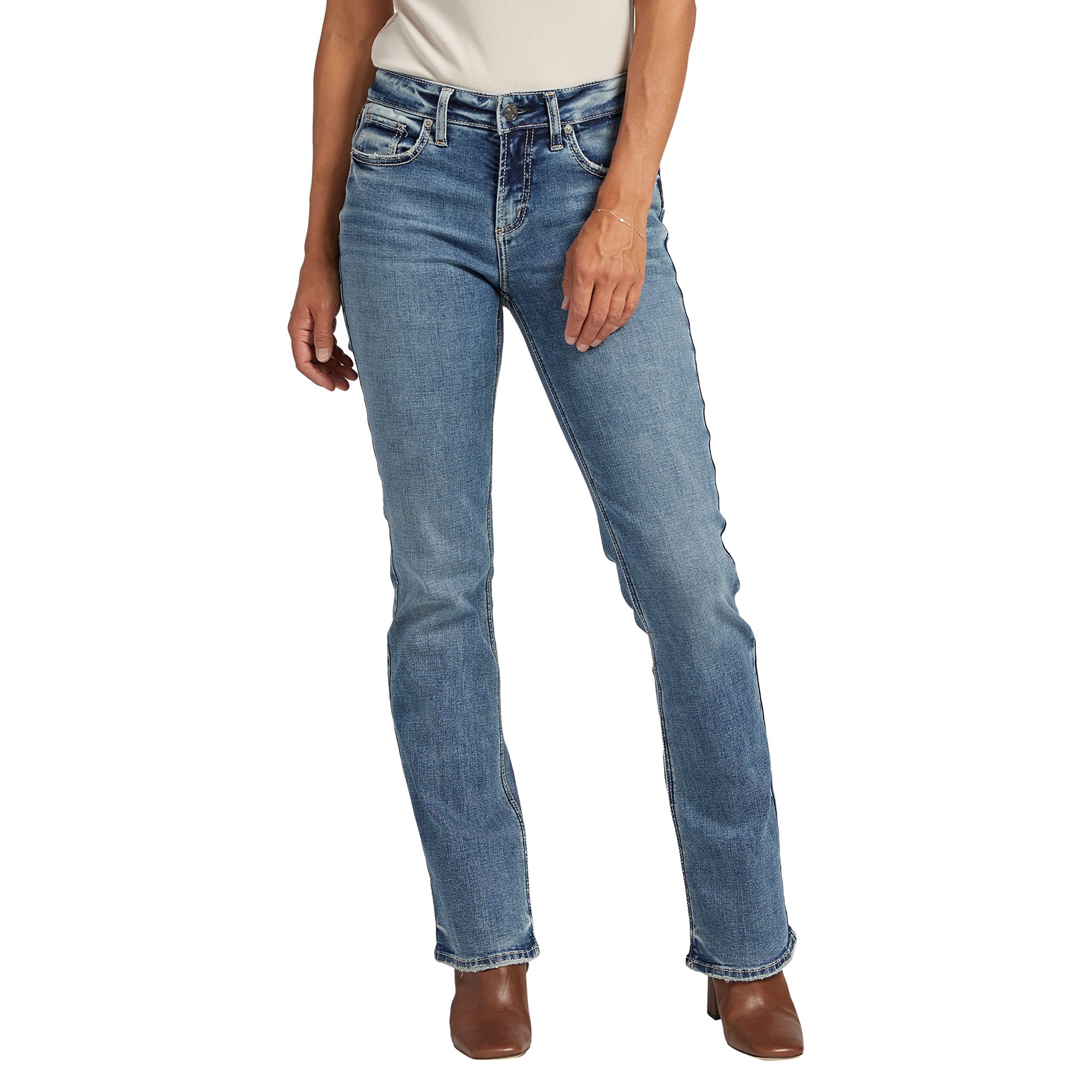 Silver Jeans Co. Women's Suki Mid Rise Curvy Fit Slim Bootcut Jeans - Medium Wash ECF315 (Size 27W x 31L) | Flattering Denim for Casual Wear & Night Out