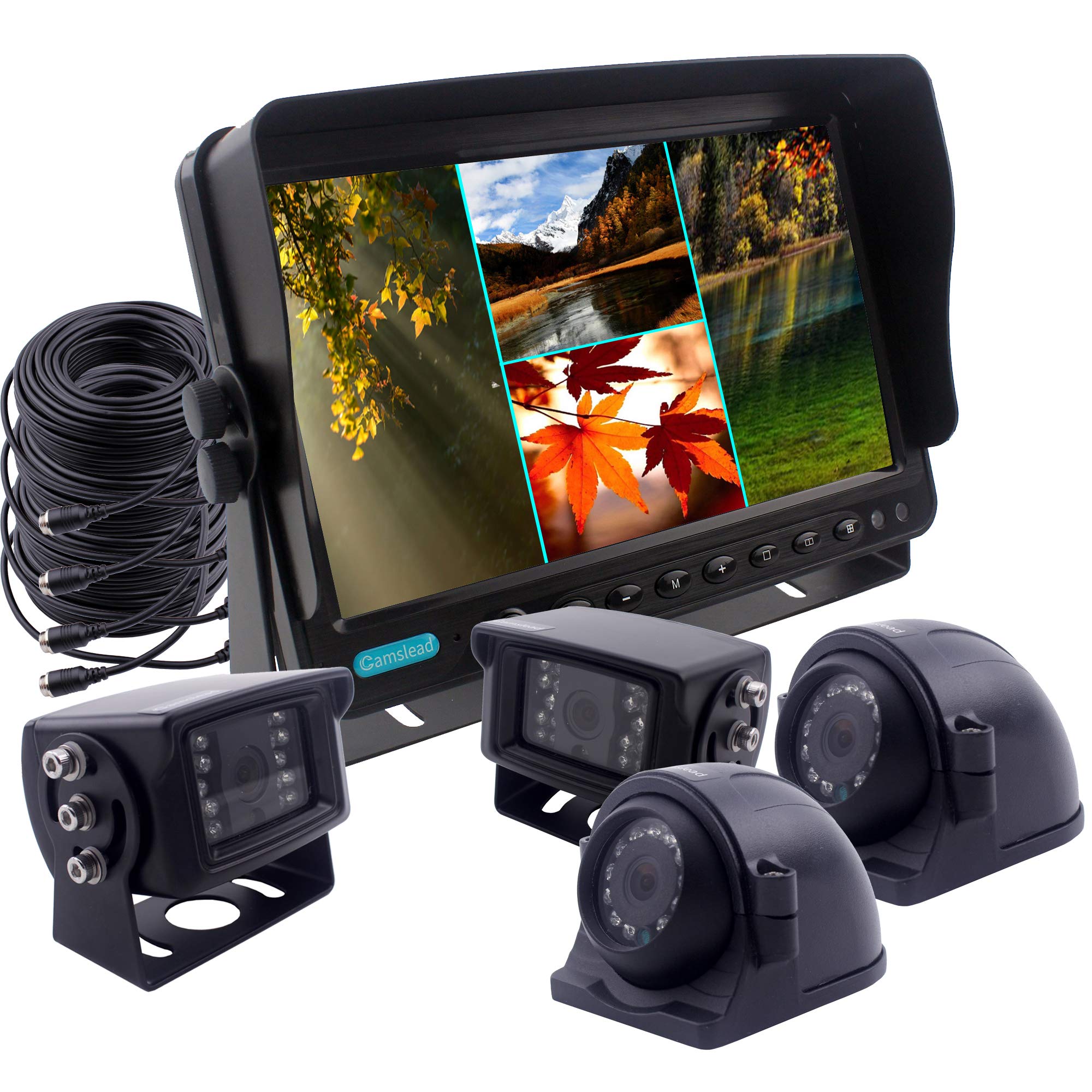 9 Inch Heavy Duty Vehicle Safety Camera System with Quad Split Screen - 2 Side Cameras & 2 HD Backup Cameras, IP69K Waterproof, 10G Vibration Resistant for Trucks, RVs, Trailers - Perfect for Parking, Reversing & Blind Spot Monitoring