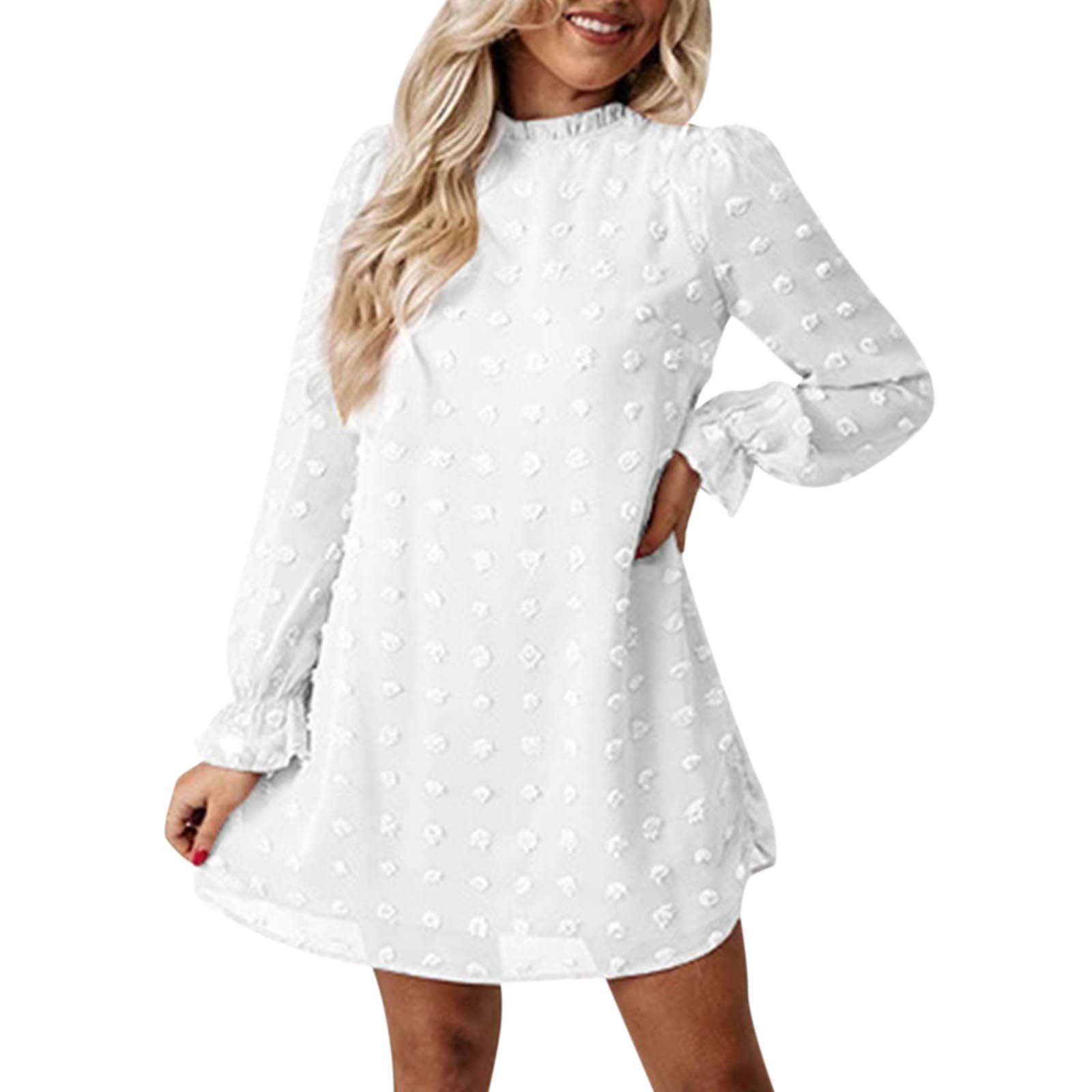 Elegant Women's Summer Wedding Guest Dress - Loose Fit Lace Collar Short Dress with Long Sleeves | Perfect for Garden Parties, Bridal Showers & Casual Events