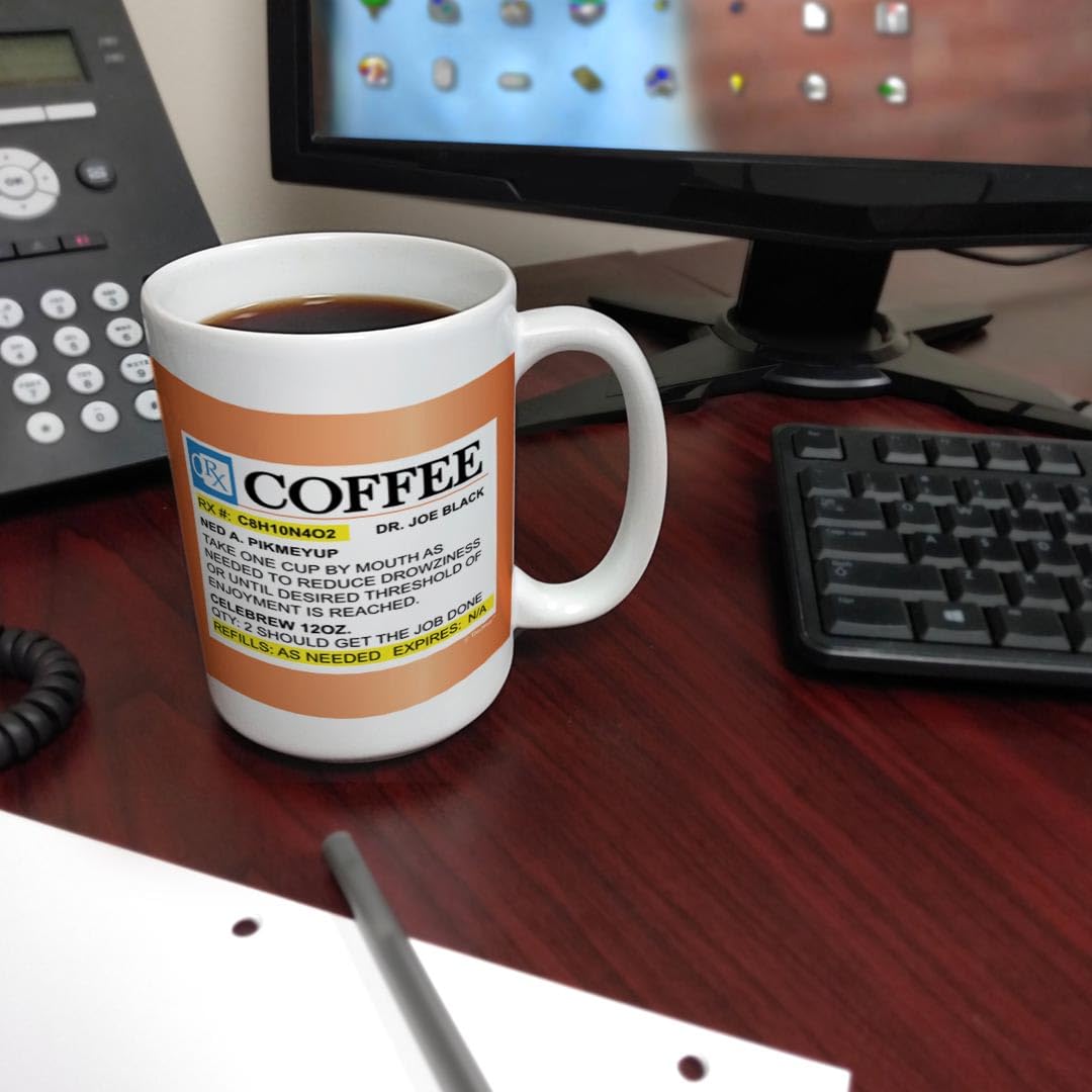Funny RX Prescription Coffee Mug - 15oz Ceramic Coffee Cup with Handle | Humorous Doctor-Themed Gift for Nurses, Medical Professionals & Coffee Lovers | Perfect for Office, Hospital Break Room & Home Use