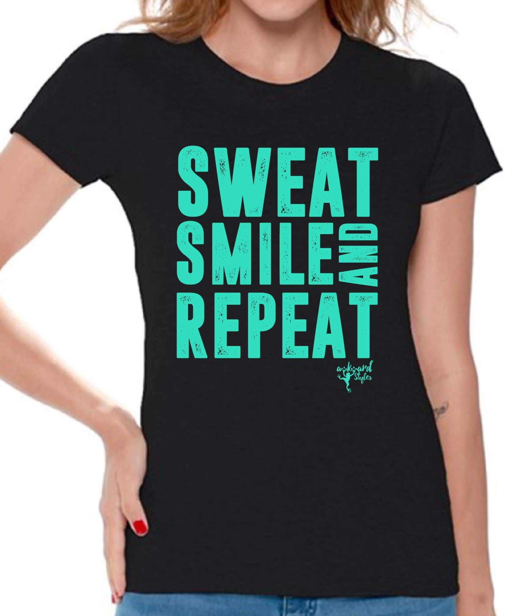 Awkwardstyles Women's 'Sweat Smile Repeat' Motivational T-Shirt with Free Bookmark - Gym Workout & Yoga Inspirational Tee