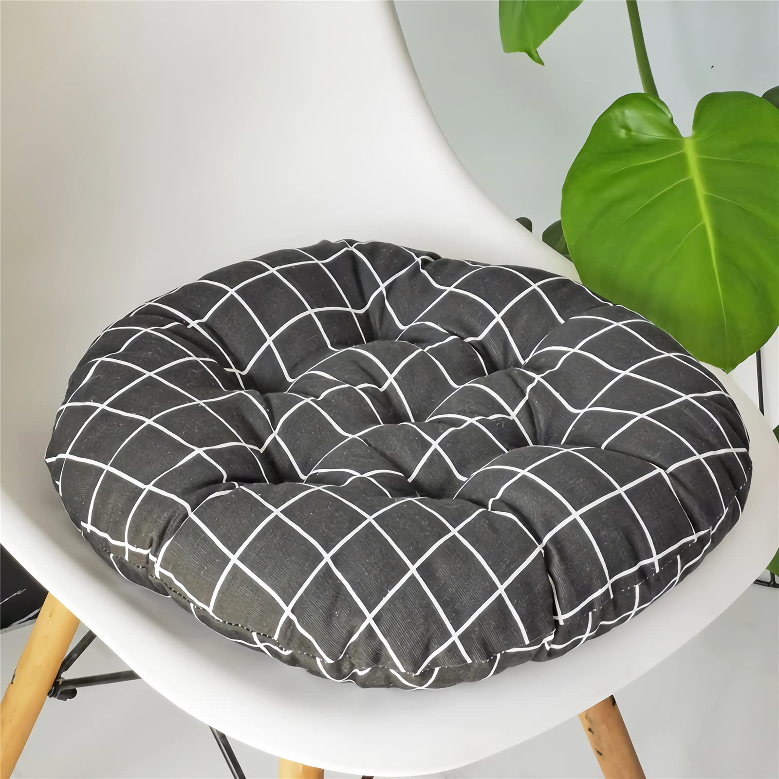 Round Floor Seat Pillow Cushion - 17.7in Cotton Linen Yoga Meditation Pouf, Soft Tatami Floor Pillow for Living Room, Bedroom & Meditation - Black Grid Design - Perfect for Relaxation, Yoga & Cozy Home Decor
