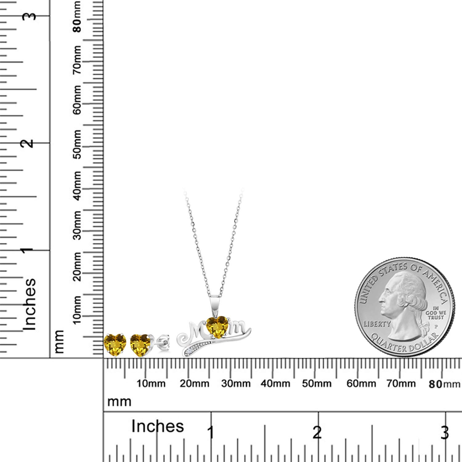 Gem Stone King 925 Sterling Silver 'Mom' 1.39Ct Heart-Shaped Yellow Citrine Pendant & Earrings Jewelry Set - Perfect Gift for Mother's Day, Birthday & Anniversary