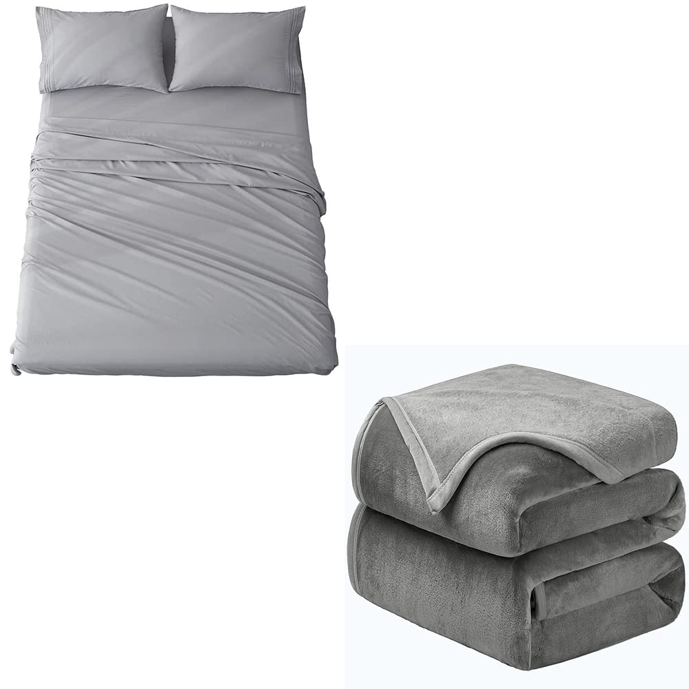 Shilucheng 4-Piece Queen Size Microfiber Bed Sheet Set with Soft Fleece Blanket - Grey - Ultra Soft & Lightweight Bedding for Cozy Sleep, Guest Room & Winter Comfort