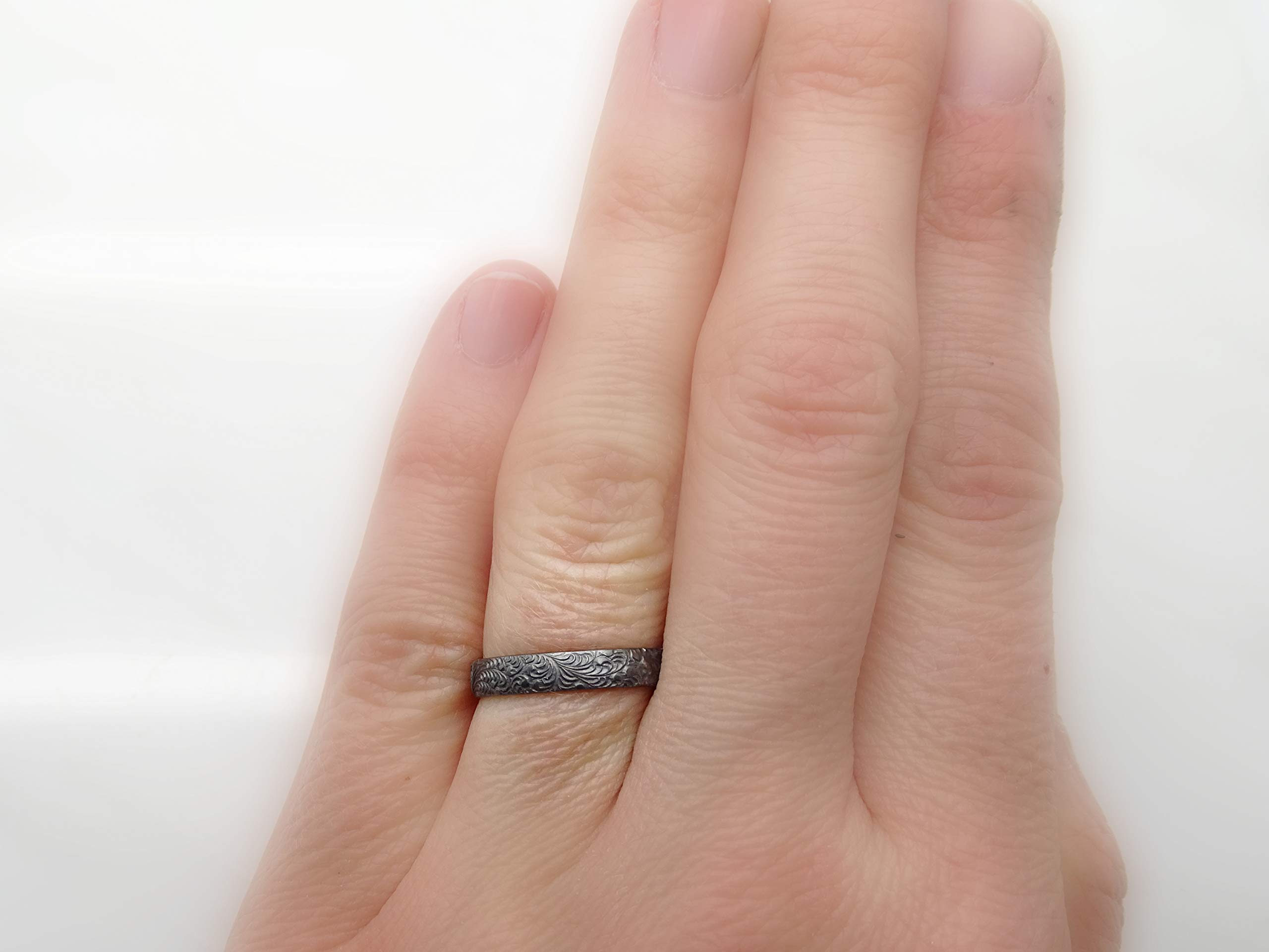 Intricate Pattern Silver Ring for Women - Black Eternity Stacking Ring, Wedding Band, Scroll Design - Unique Gift for Her - Perfect for Anniversaries, Engagements & Everyday Wear