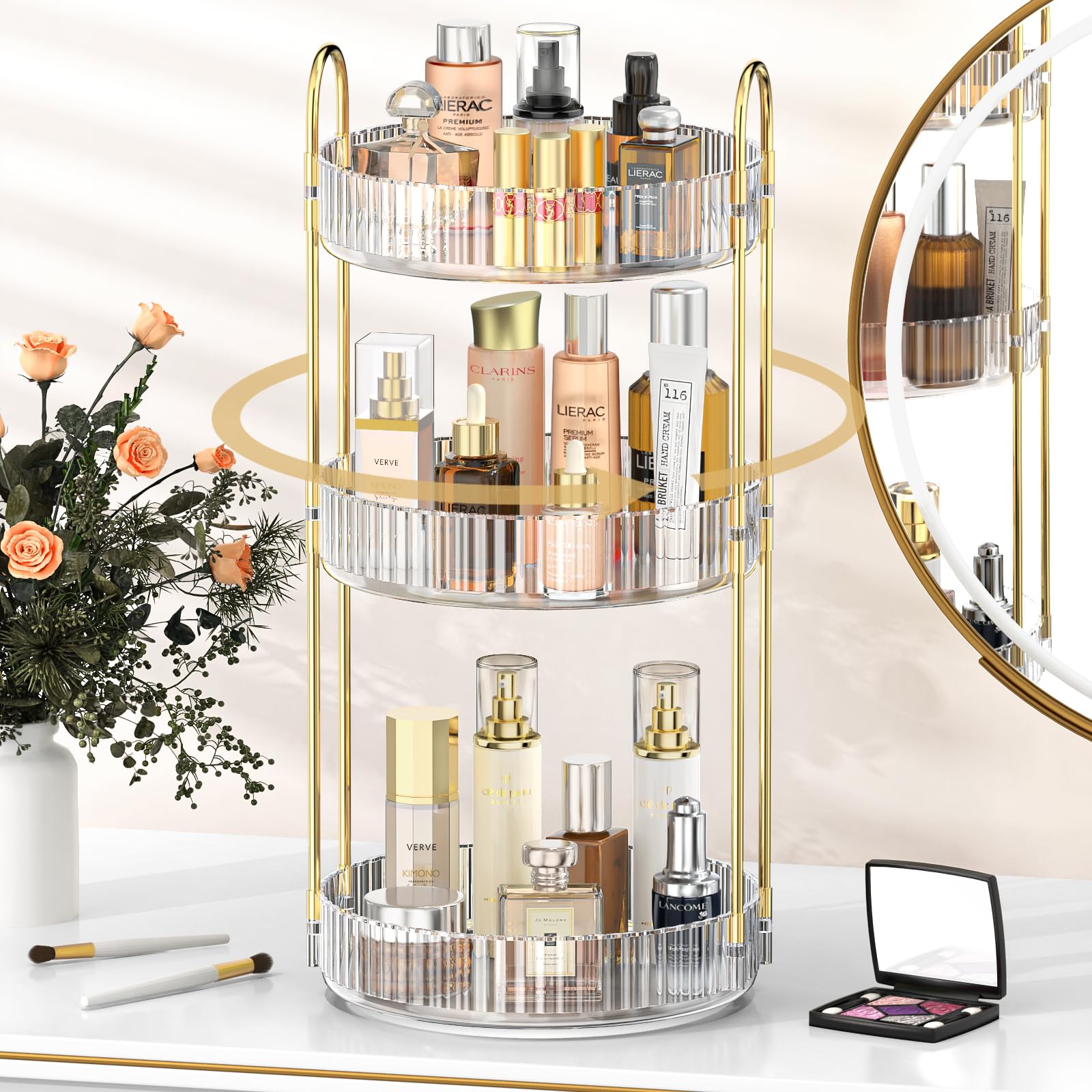 MOKANI 360° Rotating Makeup Organizer - 3-Tier Adjustable Spinning Cosmetic Storage for Perfume, Skincare & Beauty Products | Clear Acrylic Vanity Organizer for Bedroom, Dresser, Bathroom Countertop | Perfect for Makeup Lovers & Beauty Enthusiasts