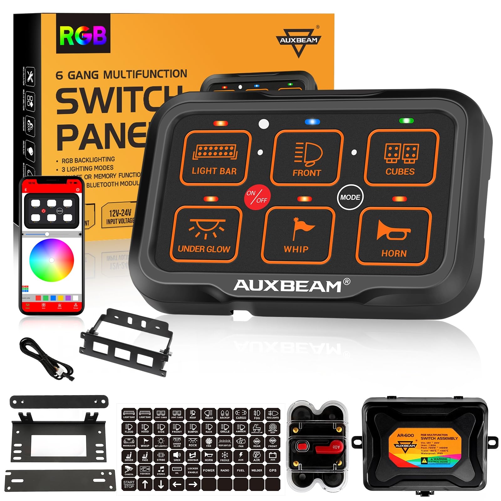 Auxbeam 6 Gang Switch Panel Bluetooth AR-600 RGB Backlit Large Button Auxiliary Switch Pod with Toggle/Momentary/Pulsed Modes - Waterproof 12-24V for UTV, Boat, Truck, RV | Off-Road Lighting, Marine Control, Vehicle Customization | 2 Year Warranty