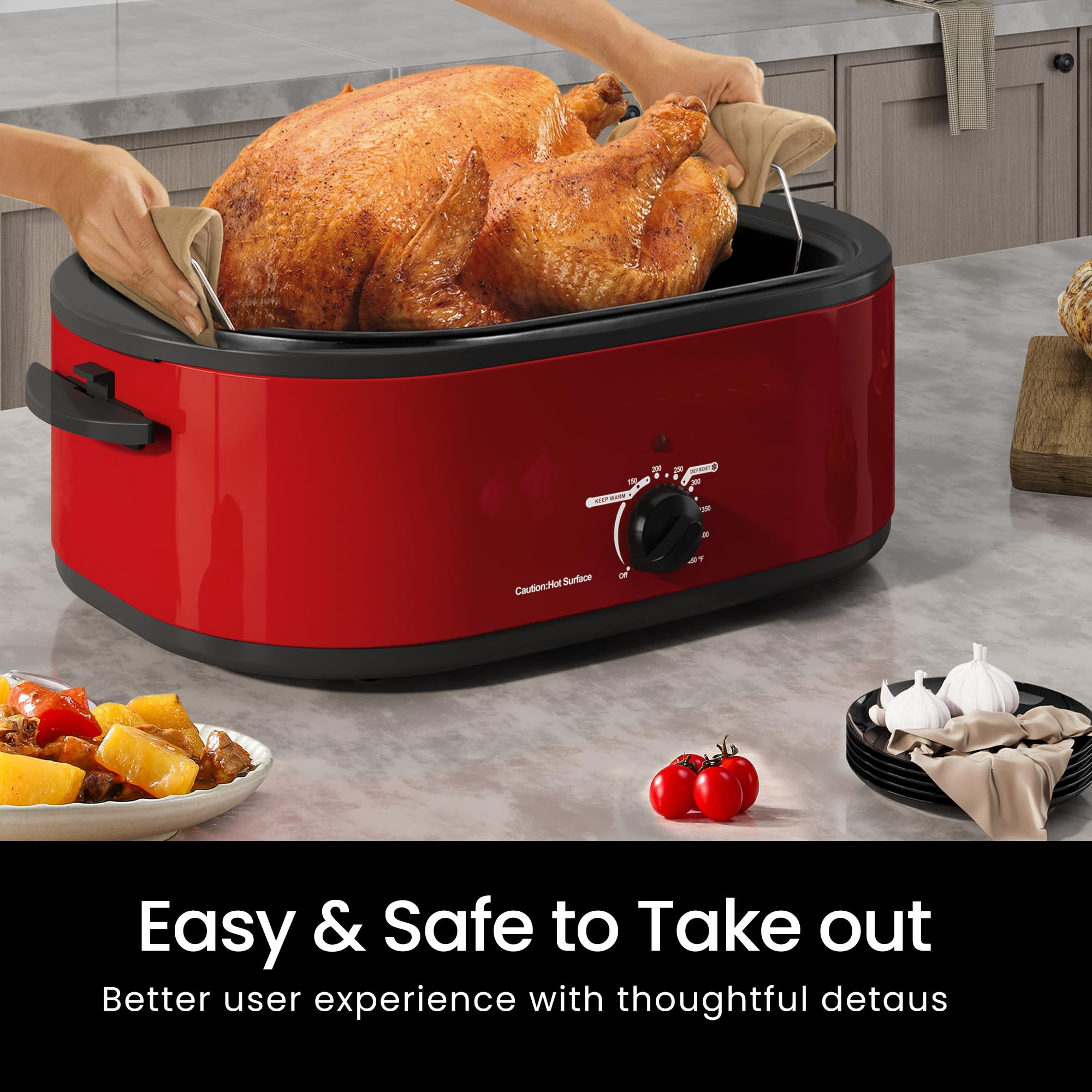 18 Quart Stainless Steel Electric Roaster Oven with Self-Basting Lid, Defrost & Warm Function, Adjustable Temperature, Removable Pan & Rack, Red – Perfect for Holiday Turkey, Roasts, and Large Family Gatherings