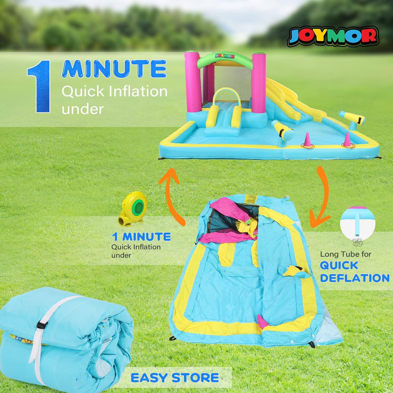 JOYMOR Inflatable Bounce House with Double Water Slide for Kids Ages 3-10 | Outdoor Water Play with Splash Pool, Water Cannons & Ring Toss Games | Indoor/Outdoor Bouncy Castle with Air Blower | Perfect for Backyard Parties, Summer Fun & Birthday Celebrations