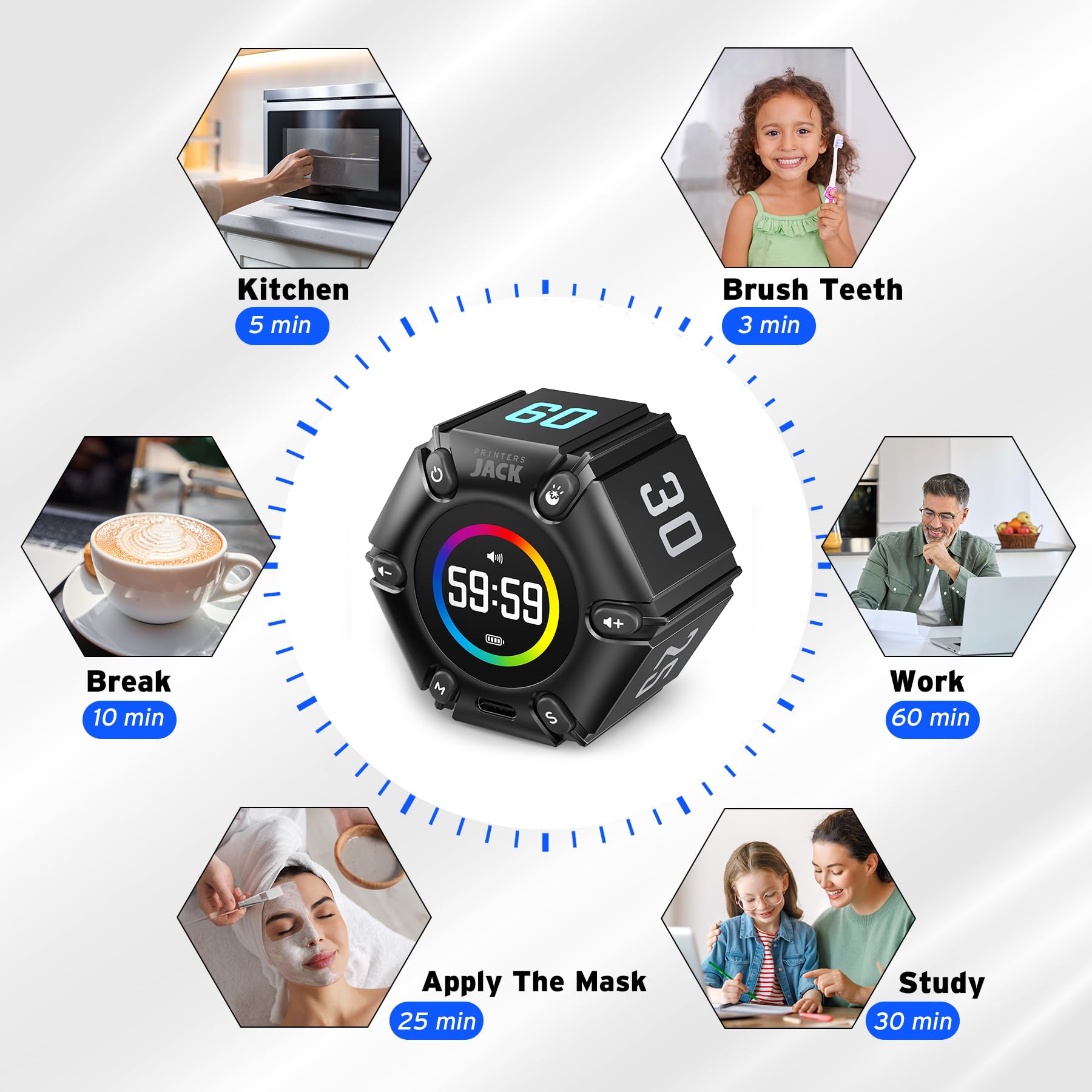 Pomodoro Timer Cube - Visual Focus Timer with Mute, Vibration & Adjustable Sound Alerts - 3/5/10/25/30/60min Custom Countdown - Productivity Tool for Office Work, Study, ADHD Focus - Black - Perfect for Time Management & Task Tracking