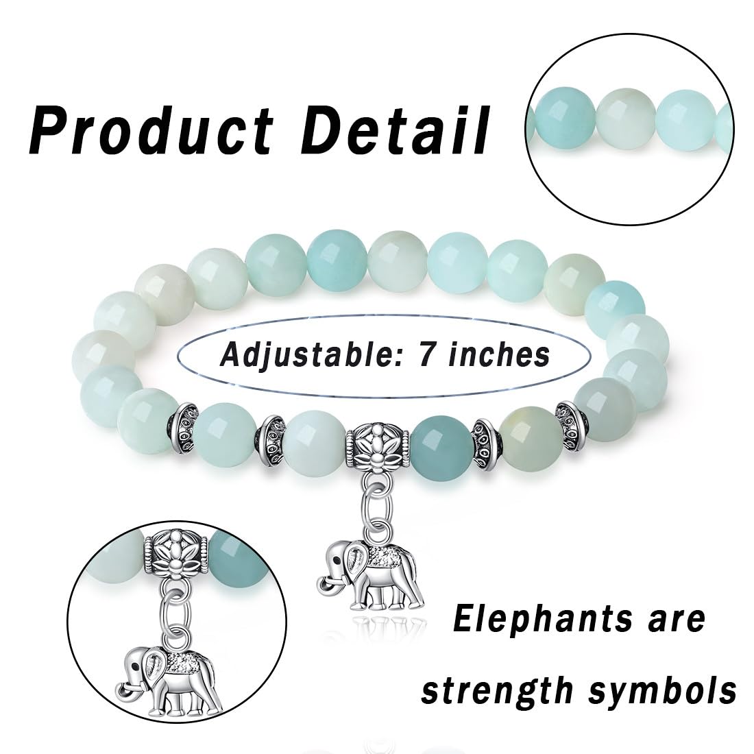MAIBAOTA Elephant Bracelet for Women - 8mm Stretch Natural Stone Beaded Anxiety Relief Bracelet, Motivational Strength Jewelry - Perfect Get Well Soon Gift for Her | Ideal for Daily Wear, Meditation & Stress Relief