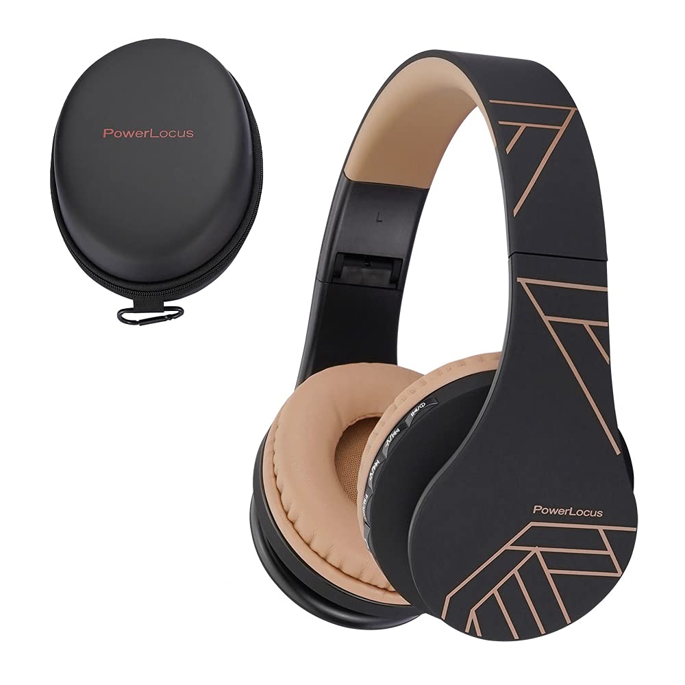 PowerLocus Wireless Bluetooth Over-Ear Headphones with Built-in Mic, Foldable Design & 30H Playtime - Compatible with iPhone, Samsung, LG, iPad (Black/Brown) - Perfect for Travel, Workouts & Home Entertainment