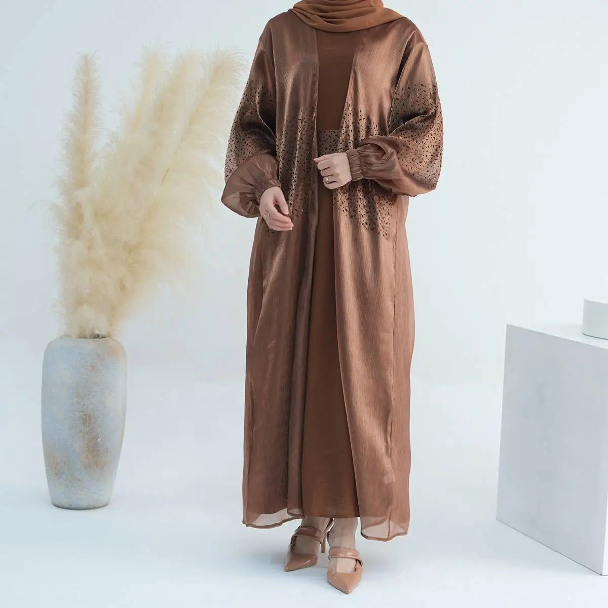 2 Piece Set Bright Wrinkle Puff Sleeve Open Abaya Dress - Elegant Muslim Women's Prayer Dress for Mosque, Eid & Special Occasions