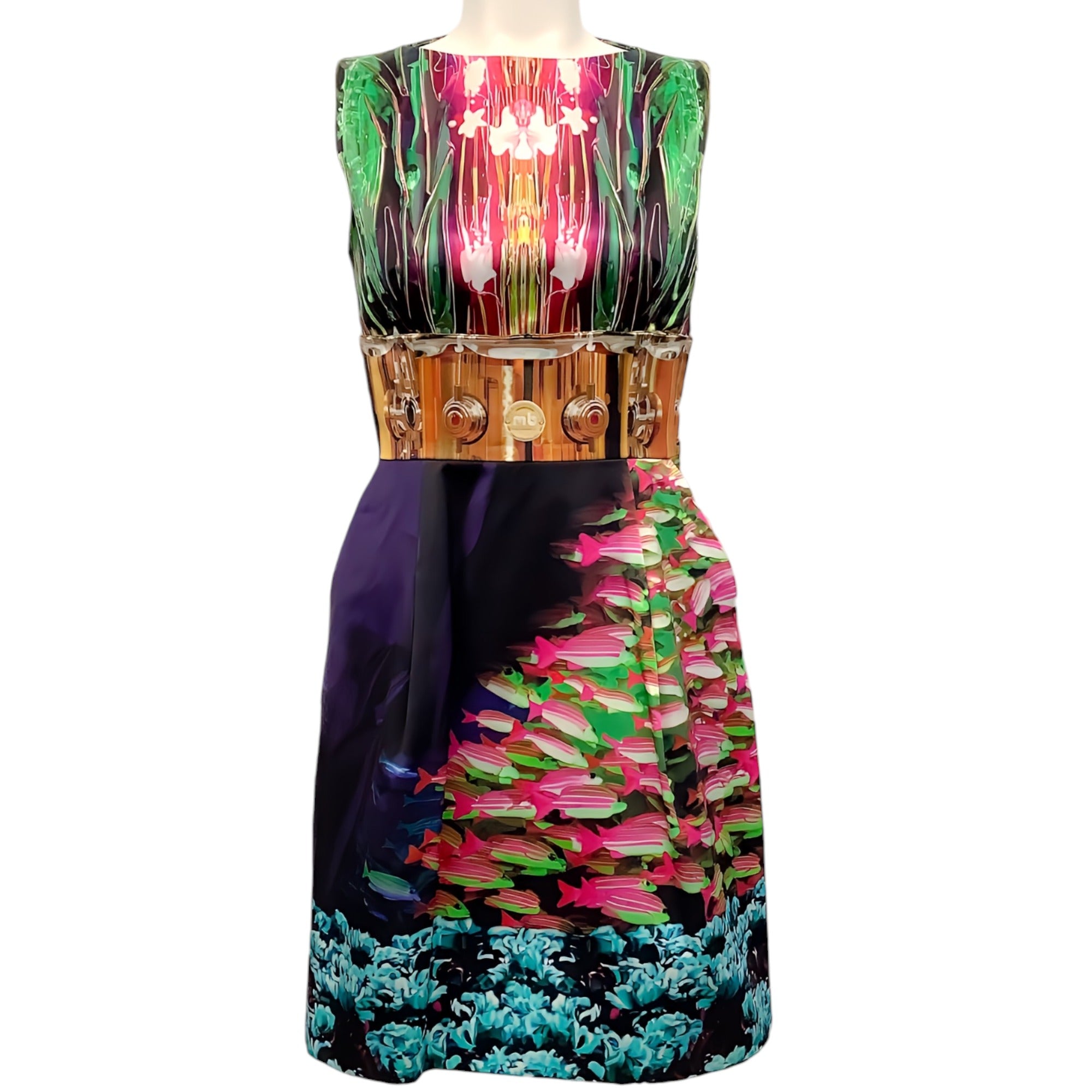 Mary Katrantzou Blue Multi Silk Sleeveless Fish Print Dress - Elegant Summer Cocktail Party & Wedding Guest Dress