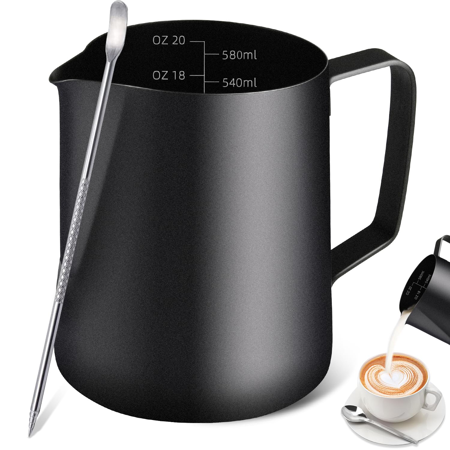Premium 20OZ/600ML Stainless Steel Milk Frothing Pitcher for Espresso Machine - Barista Grade Coffee Milk Frother Cup with Latte Art Pen for Perfect Cappuccino & Latte at Home or Cafe