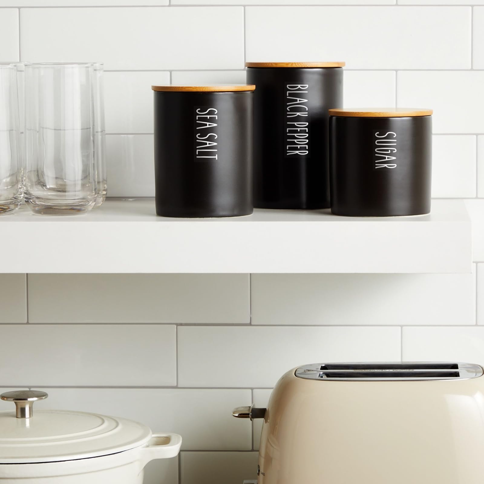 Farmlyn Creek 3-Piece Matte Black Kitchen Canister Set with Airtight Bamboo Lids - Food Storage Containers for Sugar, Coffee, Flour & Dry Goods (3 Sizes) - Perfect for Pantry Organization & Countertop Display