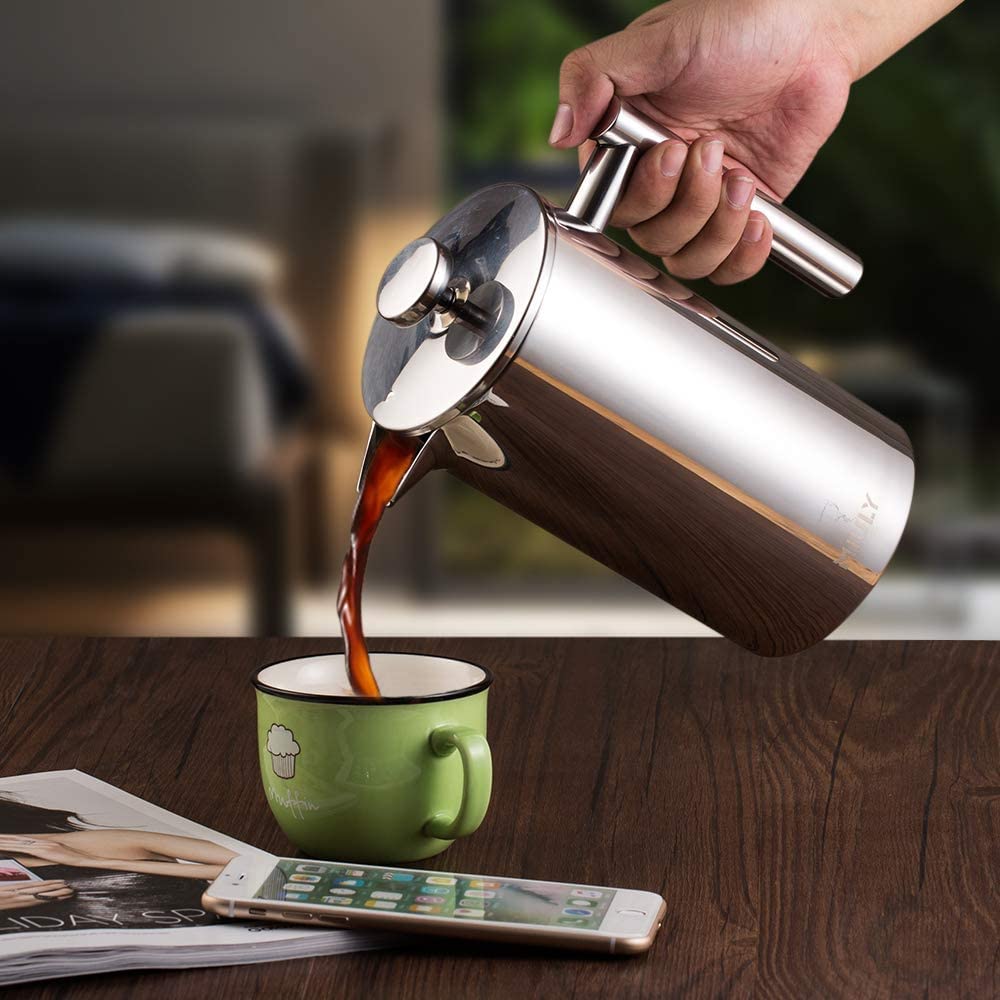 Premium 21Oz Stainless Steel French Press Coffee Maker - 3-Level Filtration System, Double Wall Insulated, Includes 4 Filters & Metal Spoon - Perfect for Home, Office & Camping Coffee Brewing
