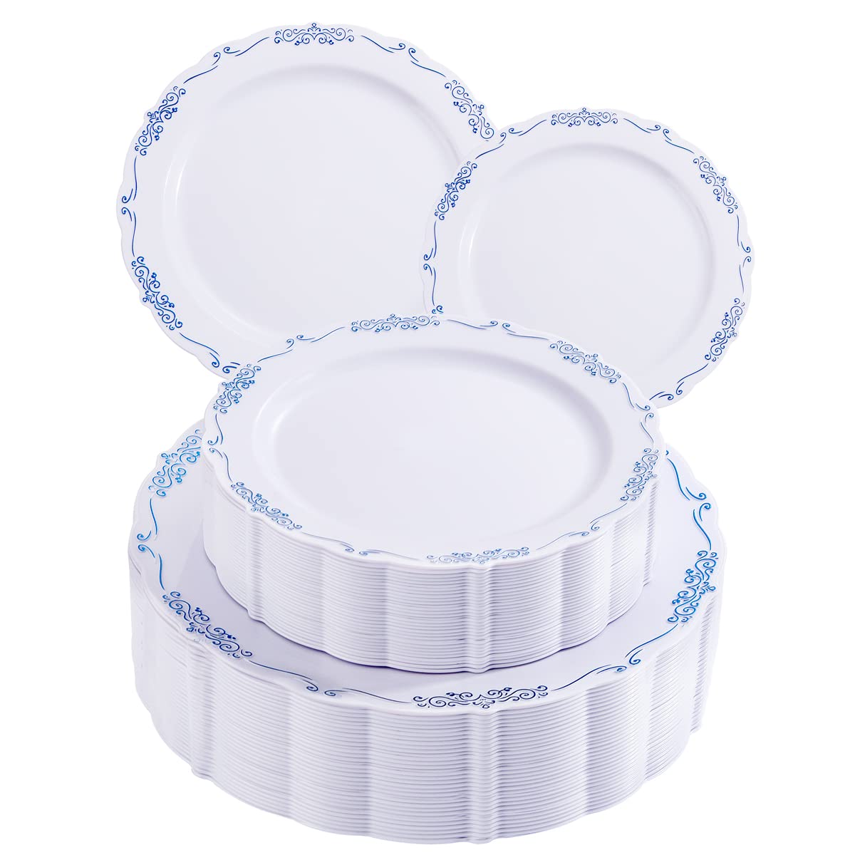 DaYammi 60PCS Blue and White Plastic Plates - 30 Dinner Plates & 30 Dessert Plates, Disposable Party Tableware for Weddings, Birthdays, Picnics, and Outdoor Events
