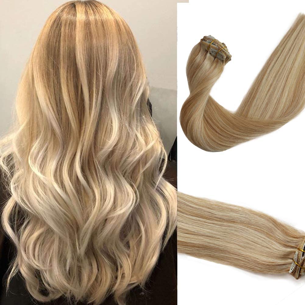 Remy Clip in Hair Extensions 12 Inch - Soft Real Human Hair, Balayage Natural Beige Blonde with Bleach Blonde Highlights (70g, 7Pcs) for Women - Perfect for Volume, Length & Styling for Parties, Weddings & Daily Wear