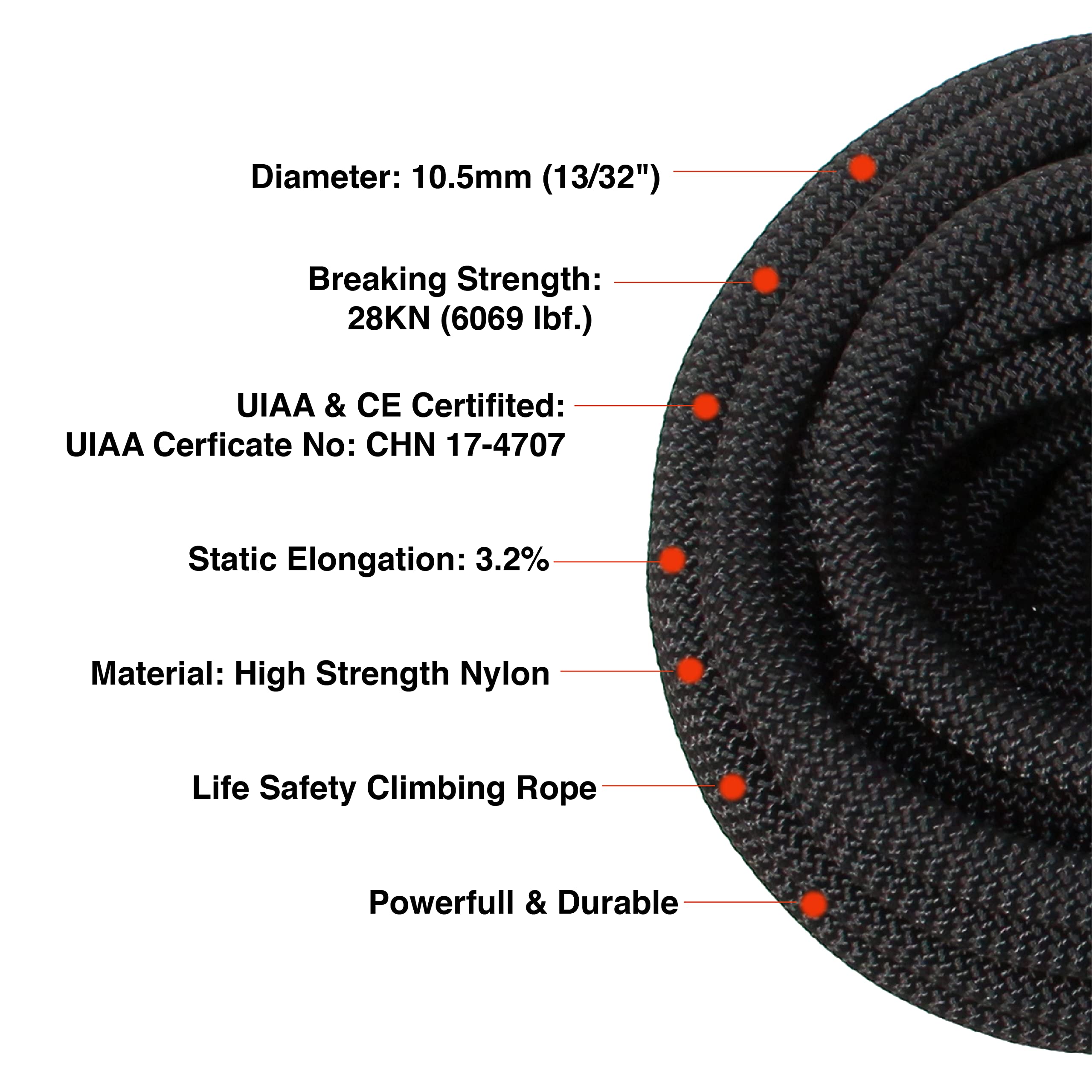 PHRIXUS Static Climbing Rope - UIAA Certified Safety Nylon Kernmantle Rope for Outdoor & Indoor Climbing, Rappelling, Survival Gear - Perfect for Rock Climbing, Gym Training, Emergency Rescue and Adventure Sports