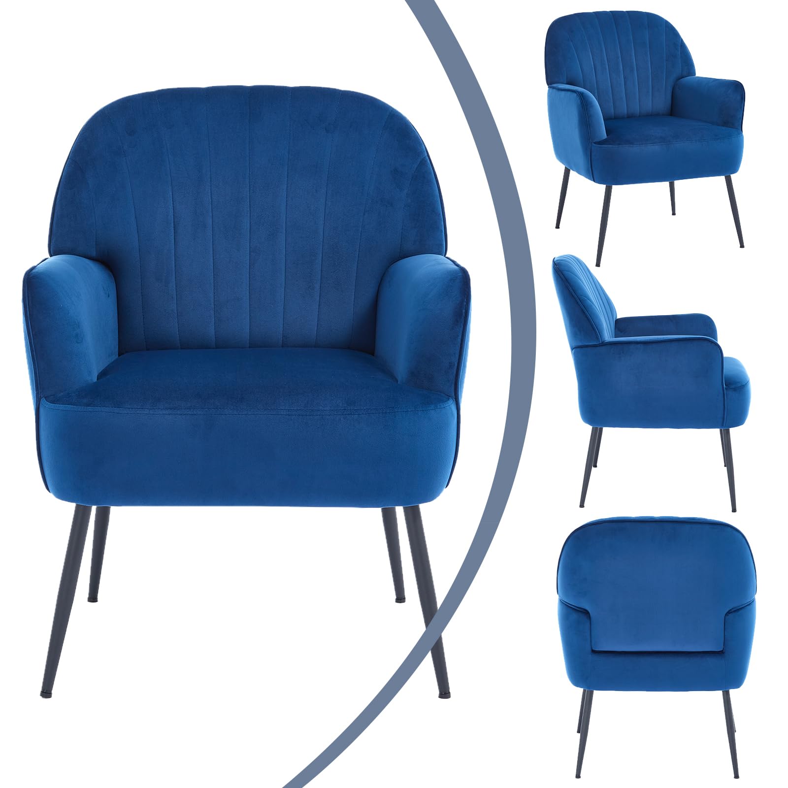 Luxury Modern Velvet Accent Chair - Comfy Upholstered Single Sofa with Armrests & High Back Support - Elegant Barrel Armchair with Sturdy Metal Legs for Living Room, Bedroom, Office & Vanity (Blue) - Perfect for Relaxing, Reading & Home Decor