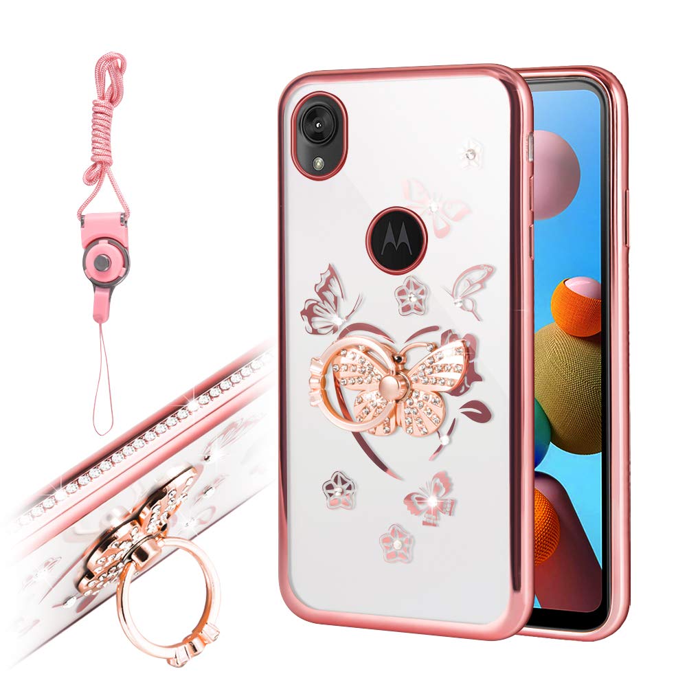 Luxury Rhinestone Moto E6 Case with Stand - Rose Gold for Daily Use